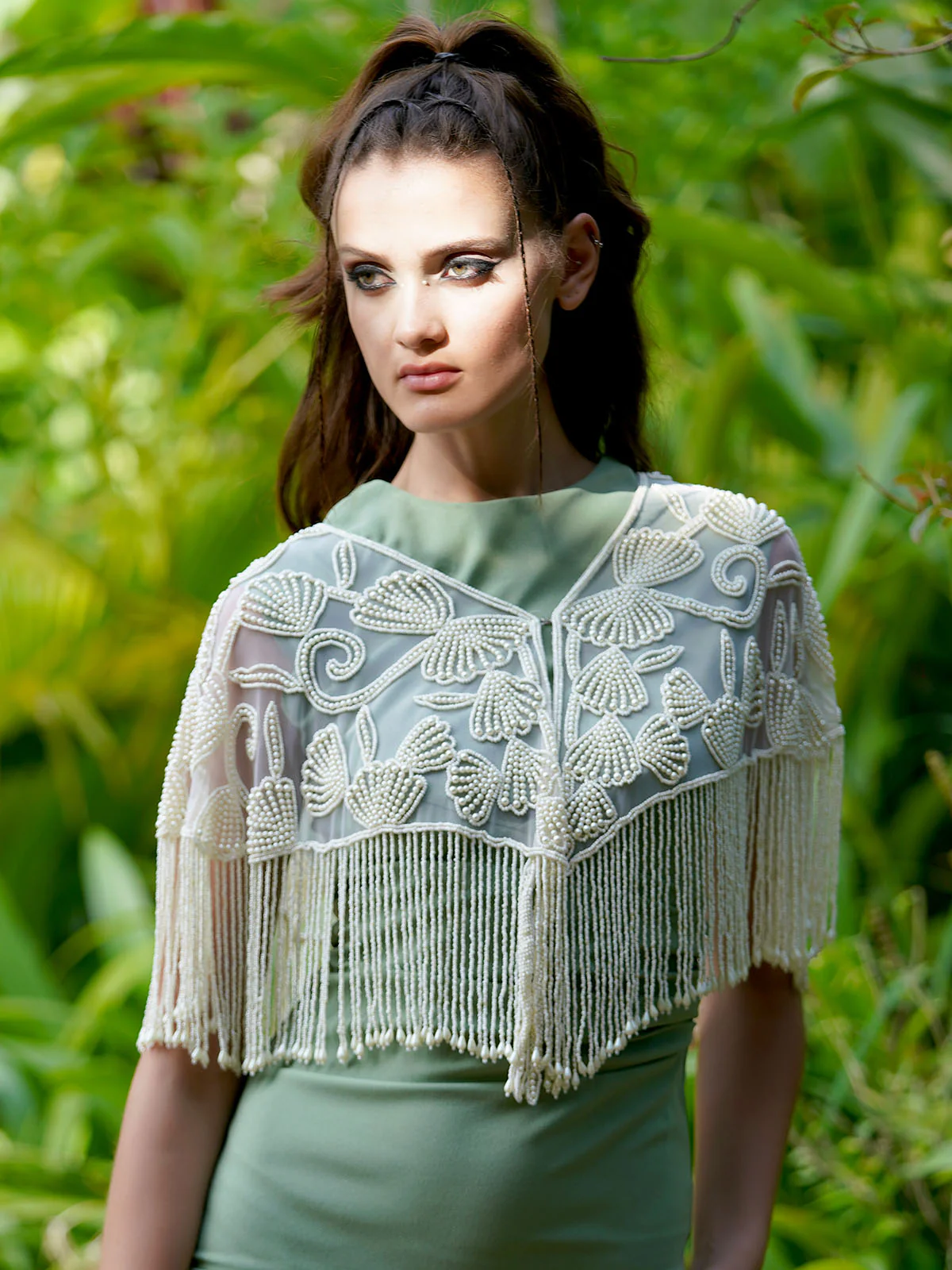 Odette Women The Glamorous Apricot Colored Embroidered Tassels Cape - Image 2