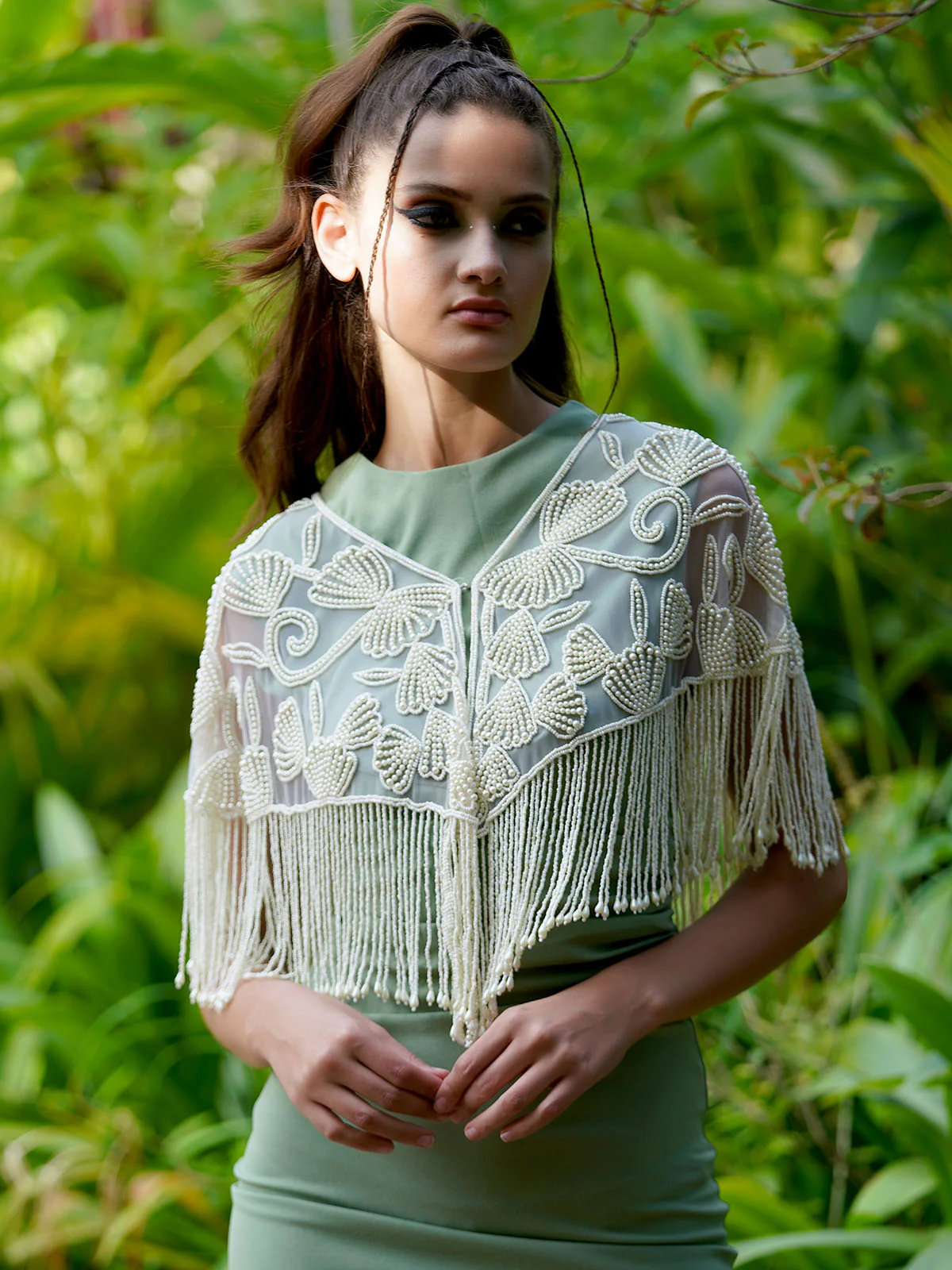 Odette Women The Glamorous Apricot Colored Embroidered Tassels Cape - Image 3