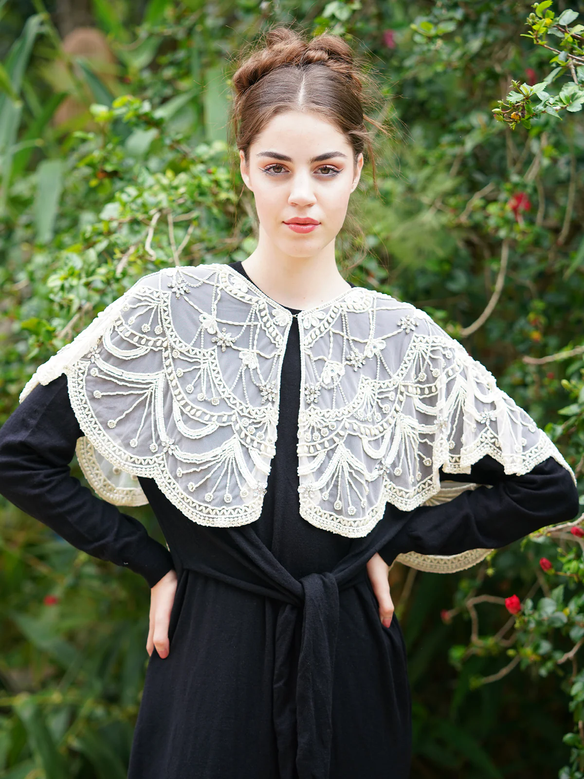 Odette Women The Glamorous Apricot Embroidered And Tasseled Cape - Image 2