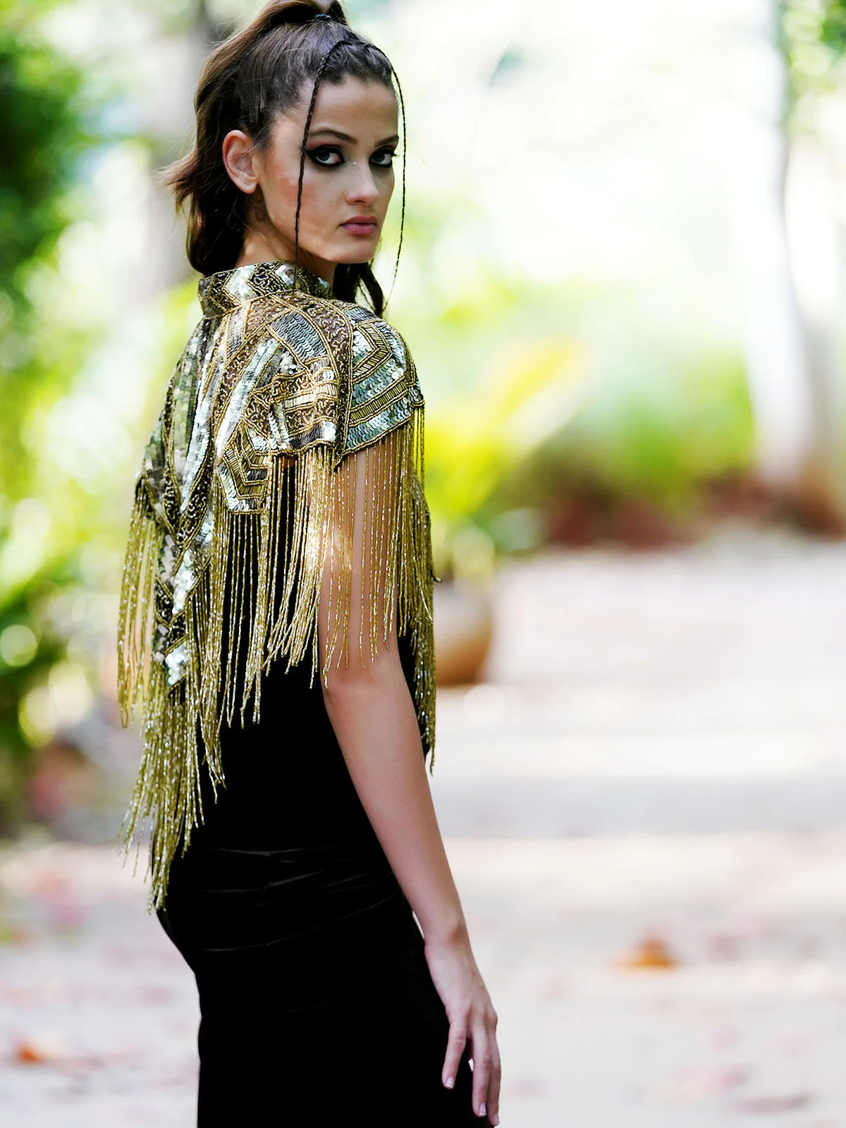 Odette Women The Glamorous Black And Gold Embellished Cape - Image 3