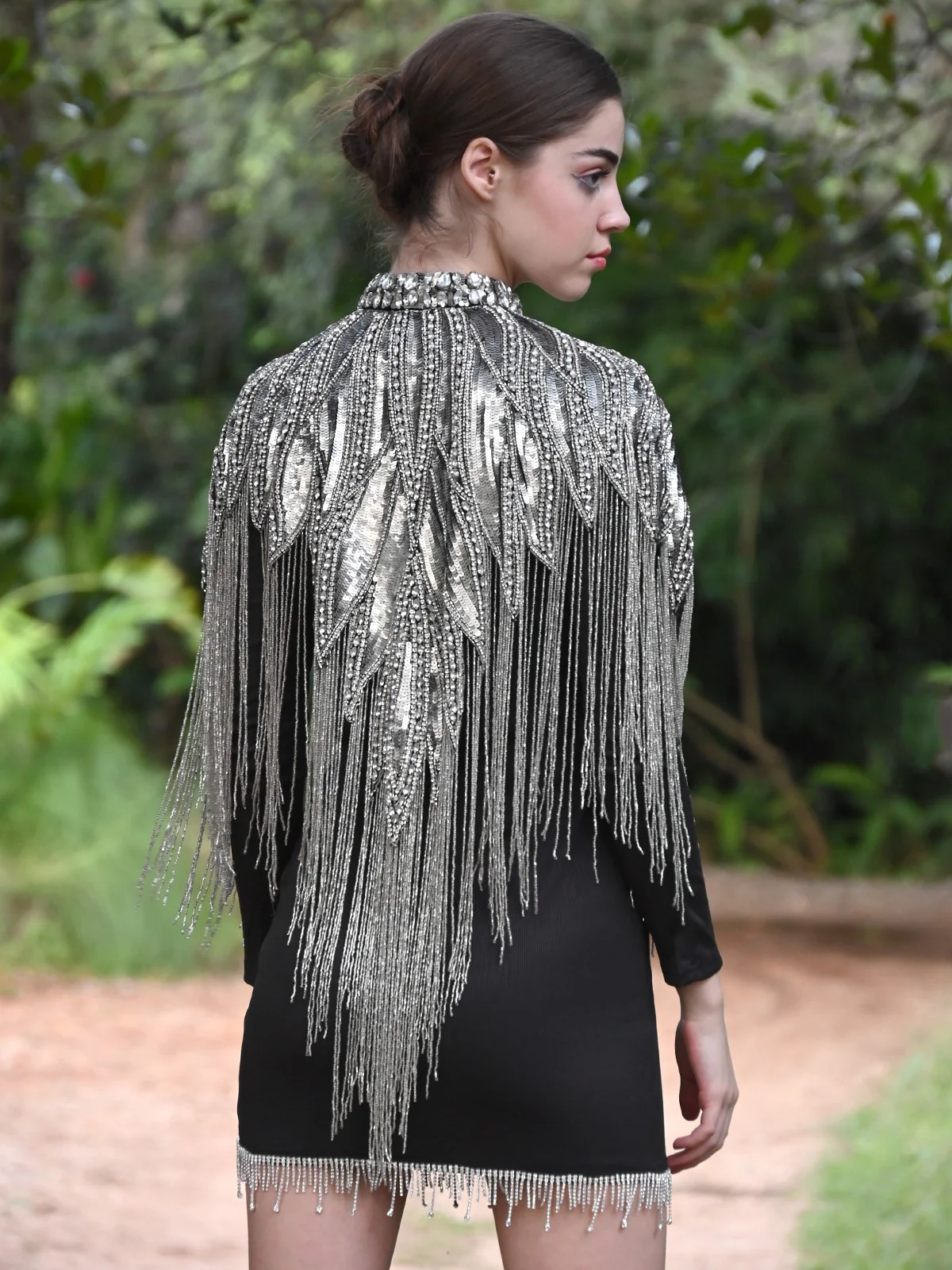 Odette Women The Glamorous Grey And Silver Embellished Cape - Image 4