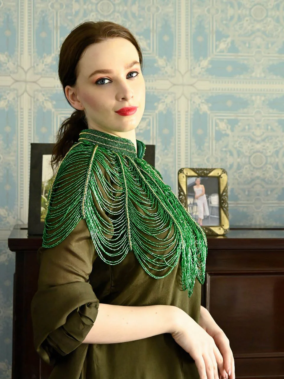 Odette Women The Green And Golden Beaded Cape - Image 2
