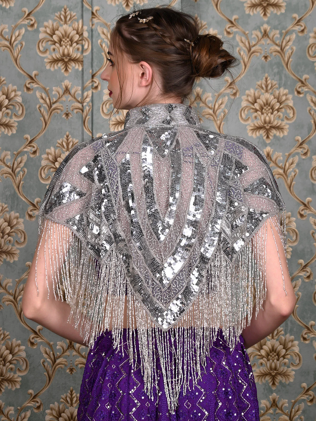 Odette Women The Grey And White Beaded Cape - Image 3