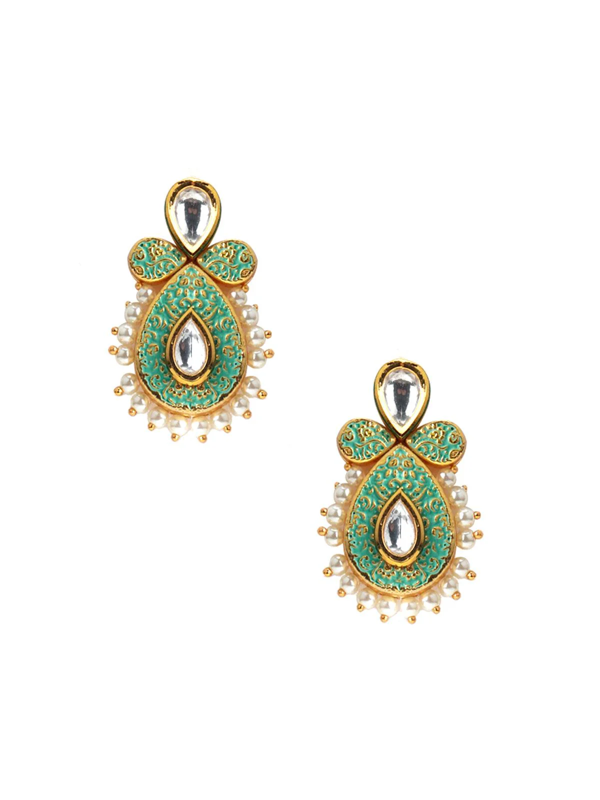Odette Women Tinted Soothing Green Kundan-Pearl Ethnic Earrings - Image 3