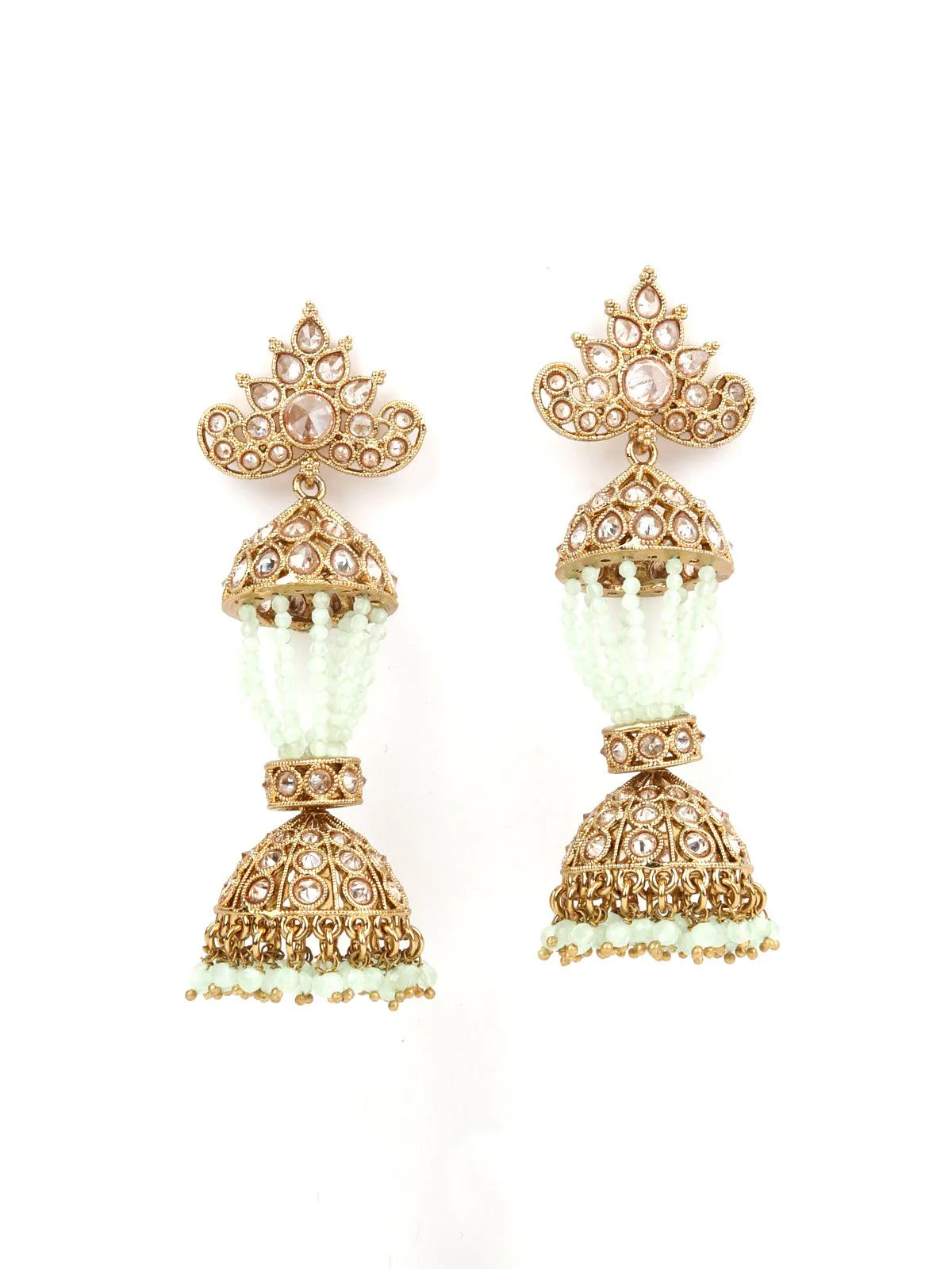 Odette Women Traditional Layered Golden And Green Beaded Earring - Image 3