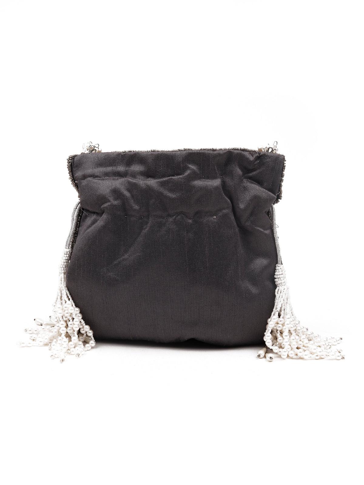 Odette Women Traditional Embellished Grey Potli Bag - Image 4