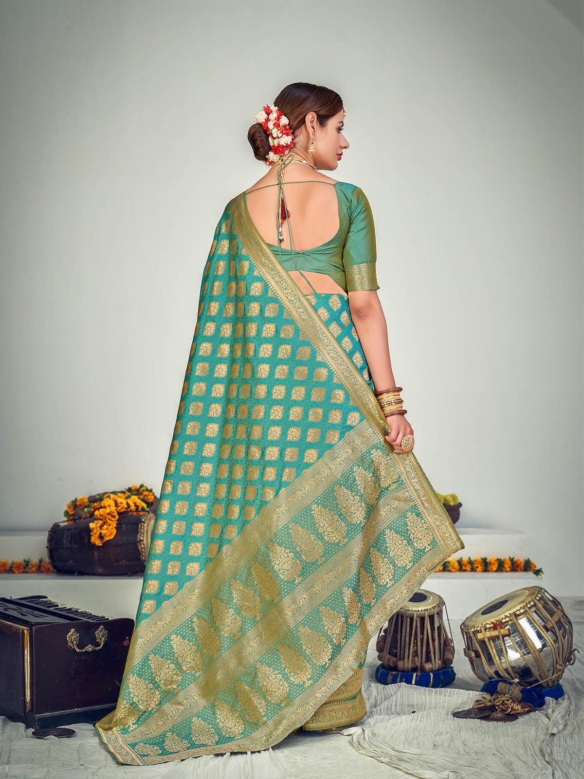 Odette Women Traditional Firozi Banarasi Silk Saree With Unstitched Blouse - Image 2