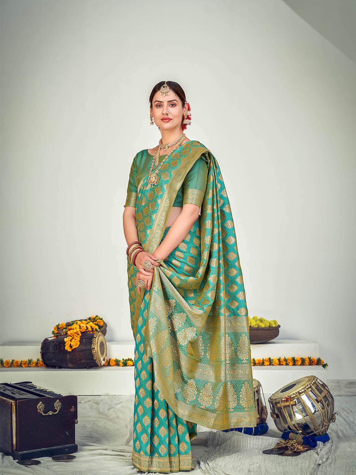 Odette Women Traditional Firozi Banarasi Silk Saree With Unstitched Blouse - Image 3