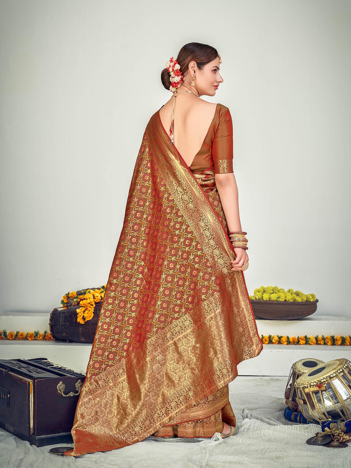 Odette Women Traditional Rust Brown Banarasi Silk Saree With Unstitched Blouse - Image 2