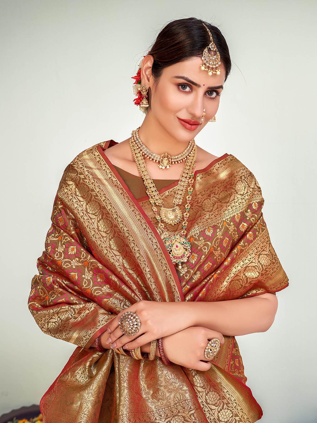 Odette Women Traditional Rust Brown Banarasi Silk Saree With Unstitched Blouse - Image 3