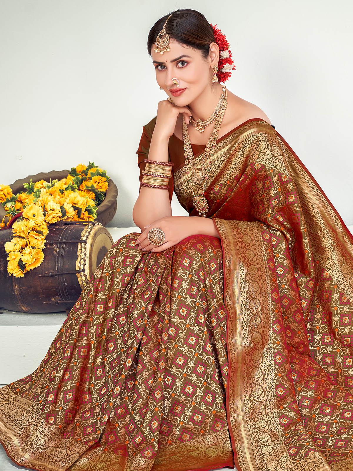 Odette Women Traditional Rust Brown Banarasi Silk Saree With Unstitched Blouse - Image 4