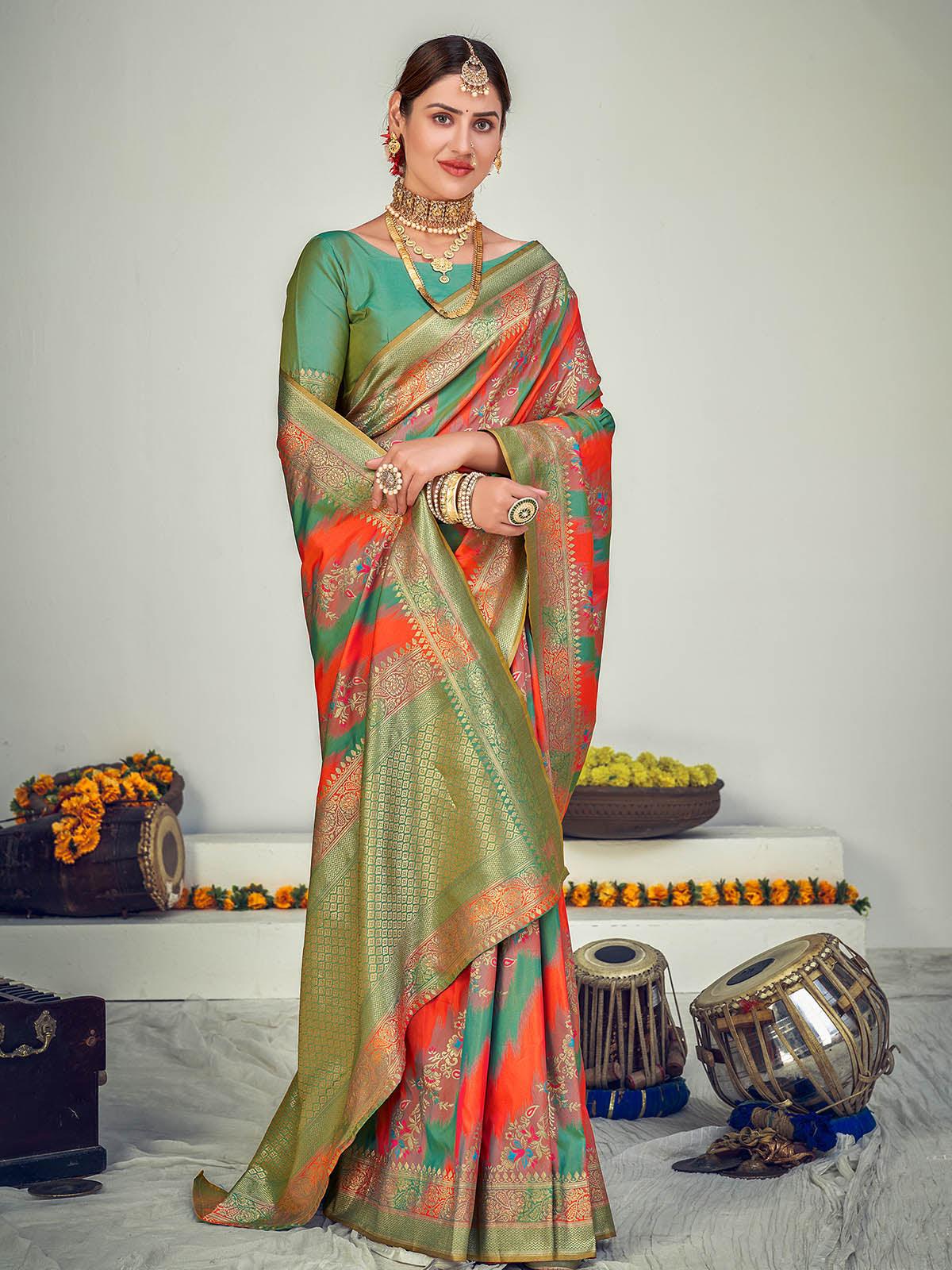 Odette Women Traditional Multi-Colored Banarasi Silk Saree With Unstitched Blouse - Image 3