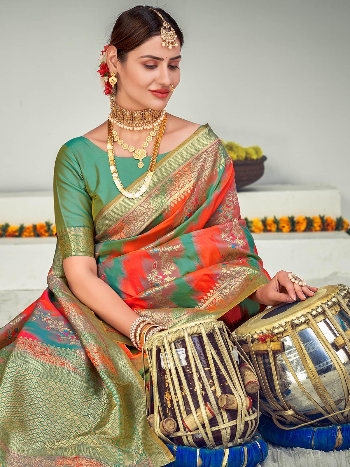 Odette Women Traditional Multi-Colored Banarasi Silk Saree With Unstitched Blouse - Image 4