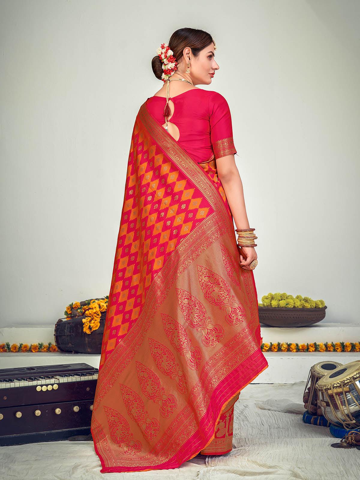 Odette Women Traditional Pink Banarasi Silk Saree With Unstitched Blouse - Image 2