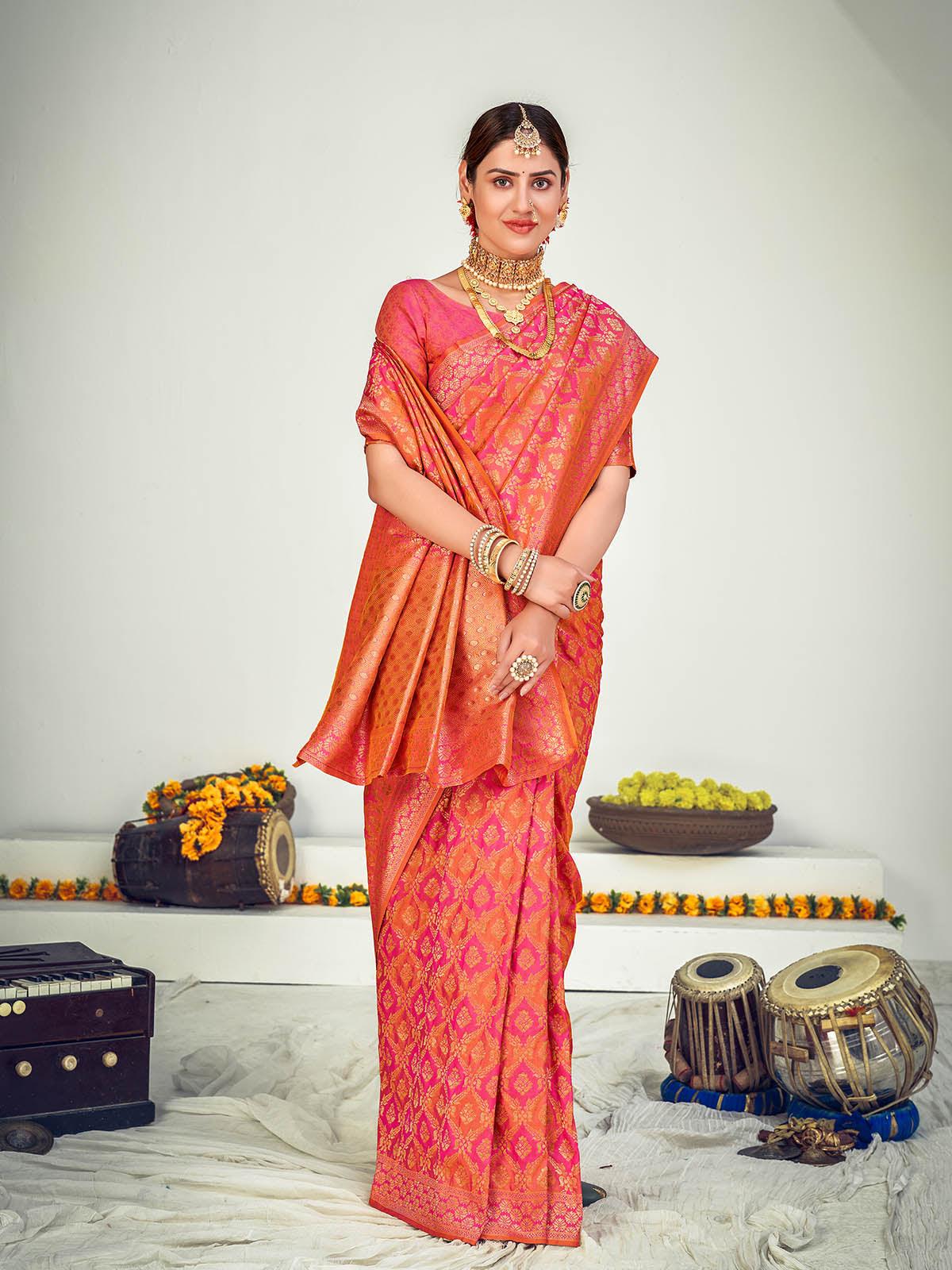 Odette Women Traditional Pink Banarasi Silk Saree With Unstitched Blouse - Image 3