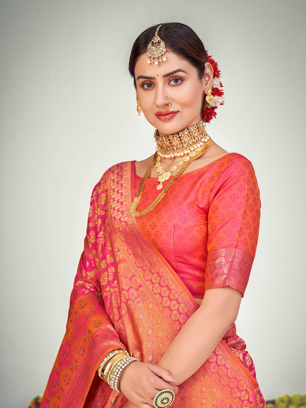 Odette Women Traditional Pink Banarasi Silk Saree With Unstitched Blouse - Image 4