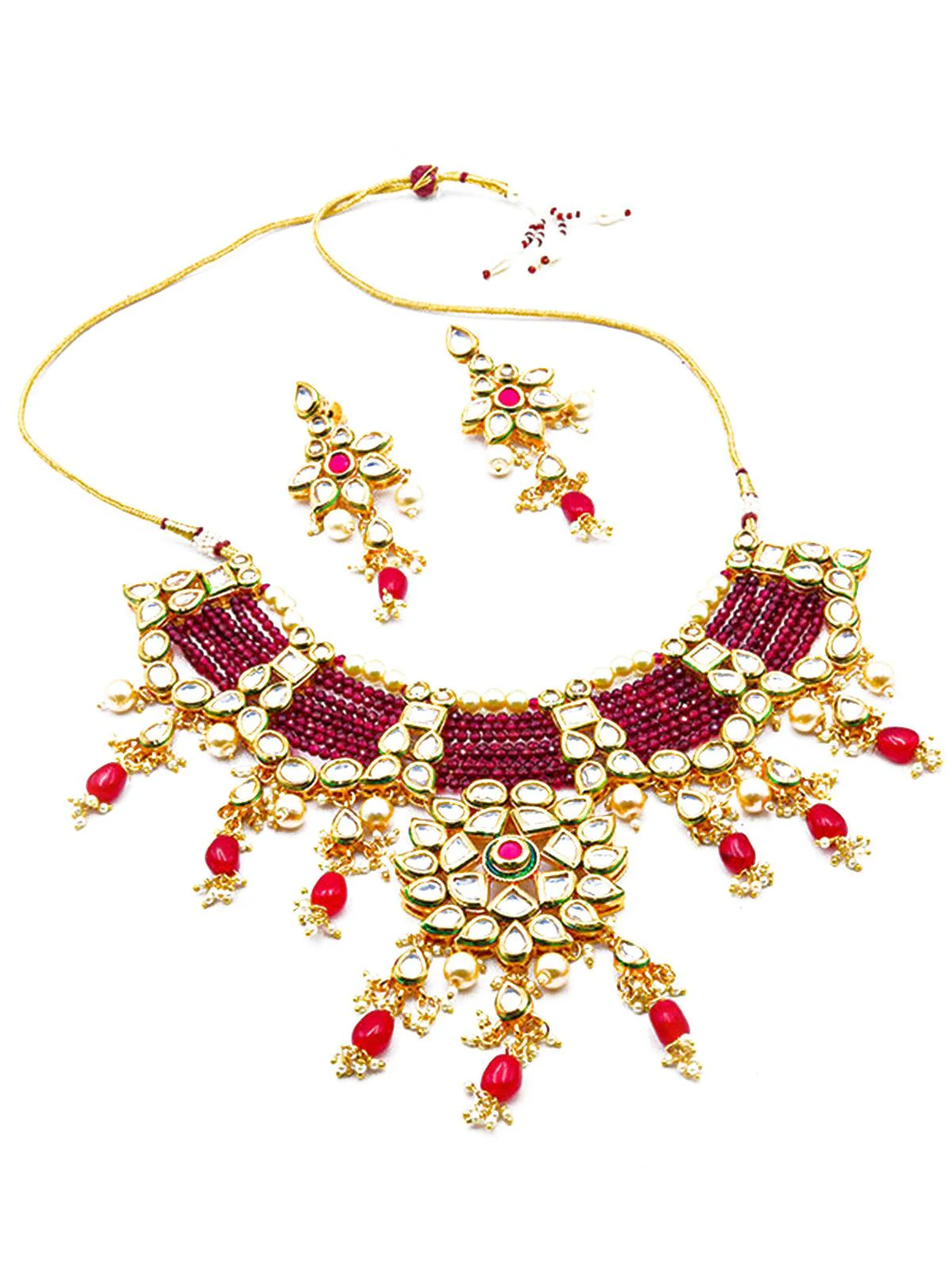Odette Women Traditional Polki Wine & Pink Crystal Stones Kundan Choker With Earrings - Image 4