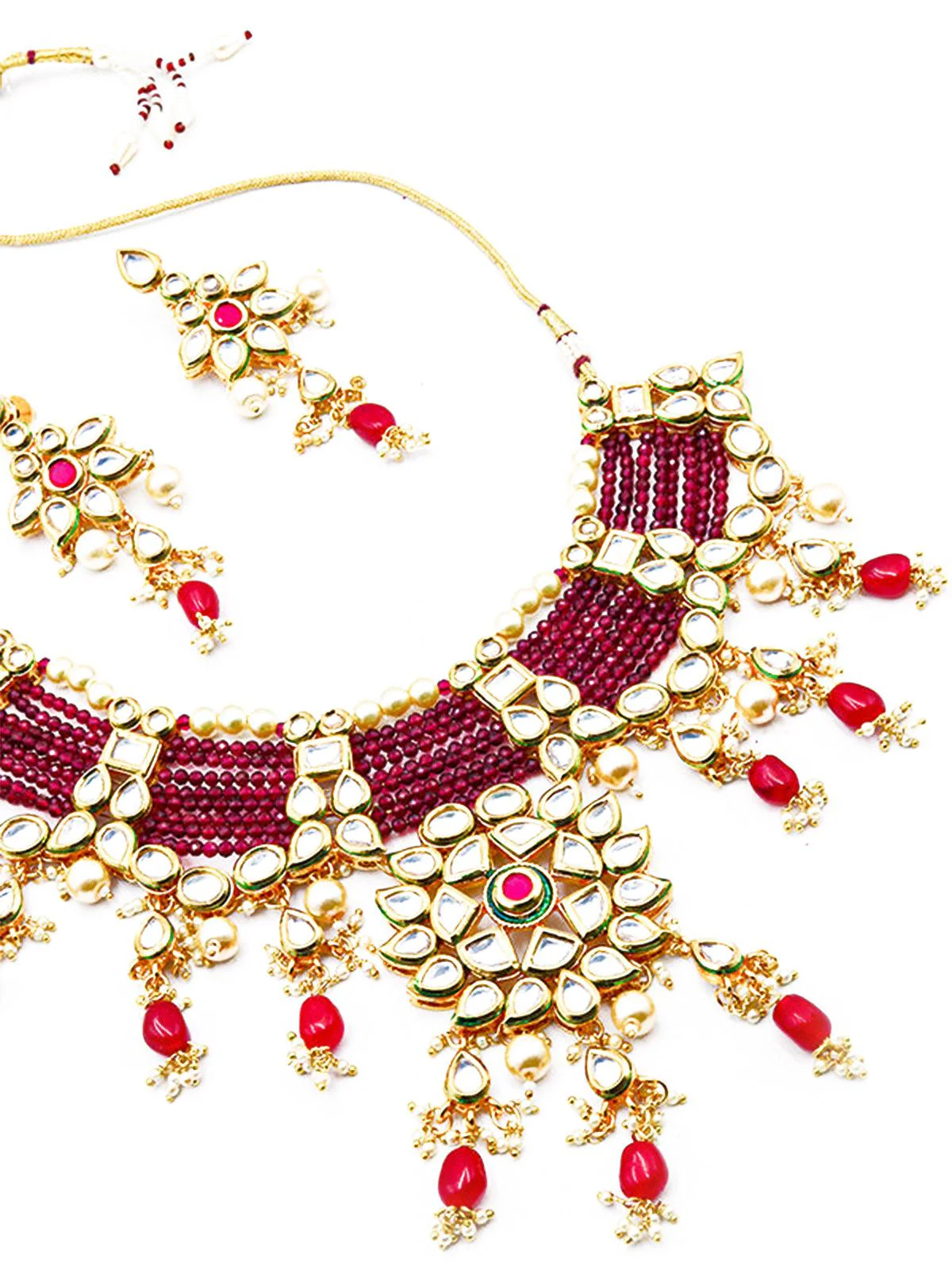 Odette Women Traditional Polki Wine & Pink Crystal Stones Kundan Choker With Earrings - Image 5