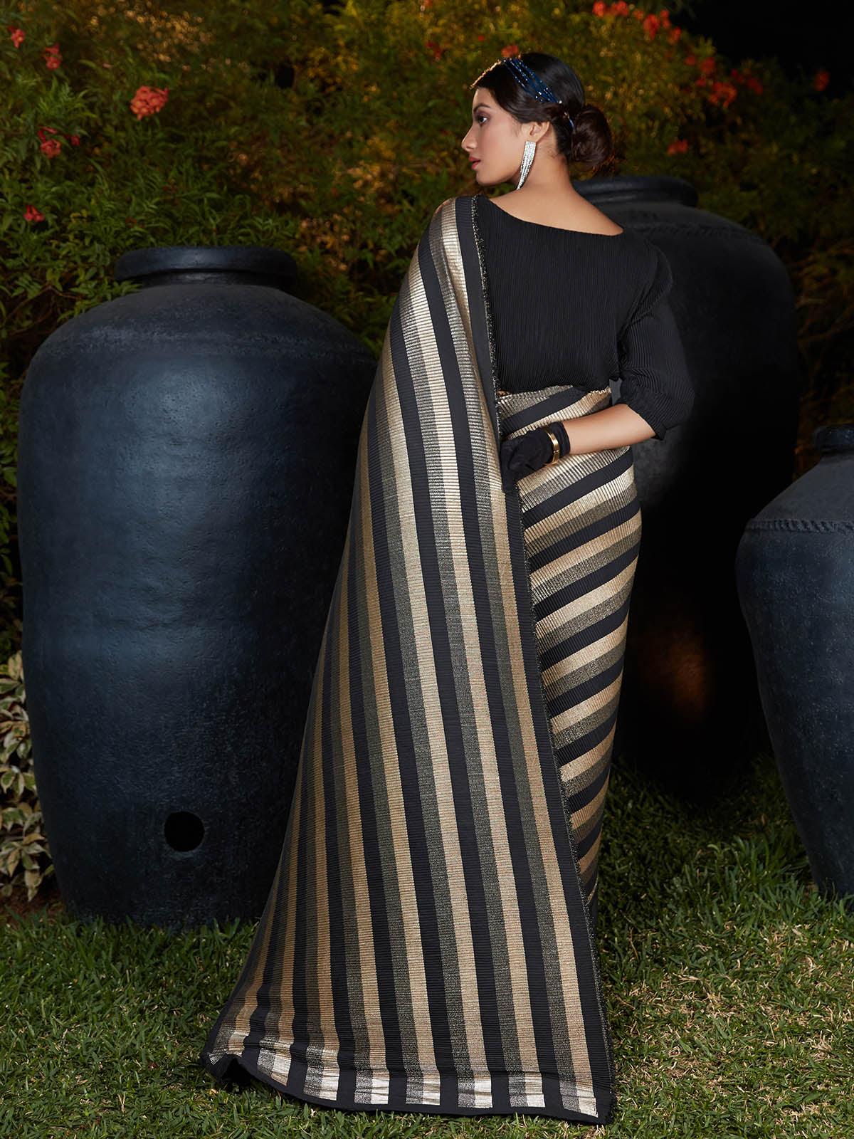 Odette Women Trendy Black Pleated Silk Saree With Unstitched Blouse - Image 2