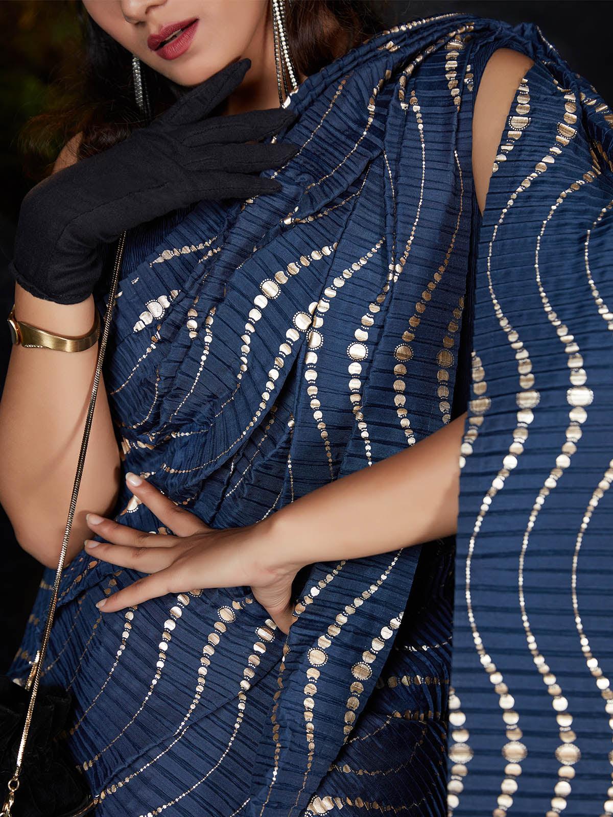 Odette Women Trendy Dark Blue Pleated Silk Saree With Unstitched Blouse - Image 4