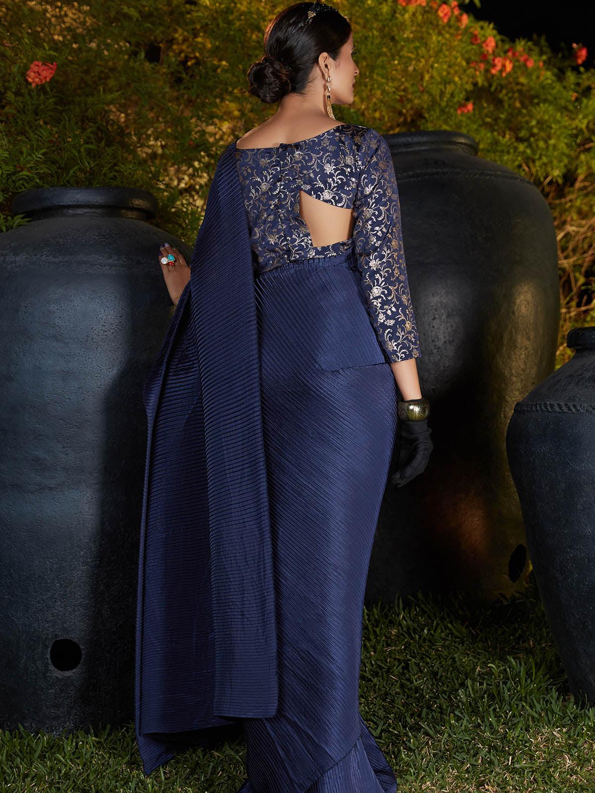 Odette Women Trendy Navy Blue Pleated Silk Saree With Unstitched Blouse - Image 2