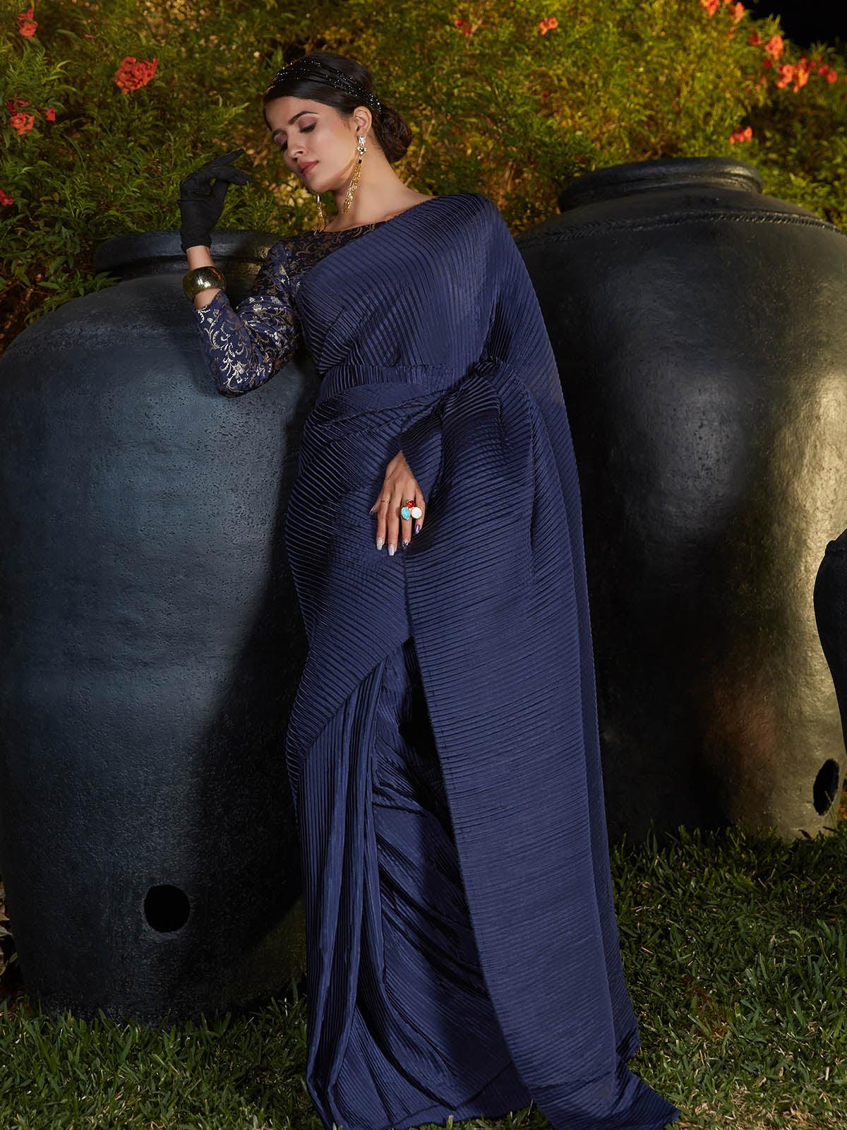 Odette Women Trendy Navy Blue Pleated Silk Saree With Unstitched Blouse - Image 3