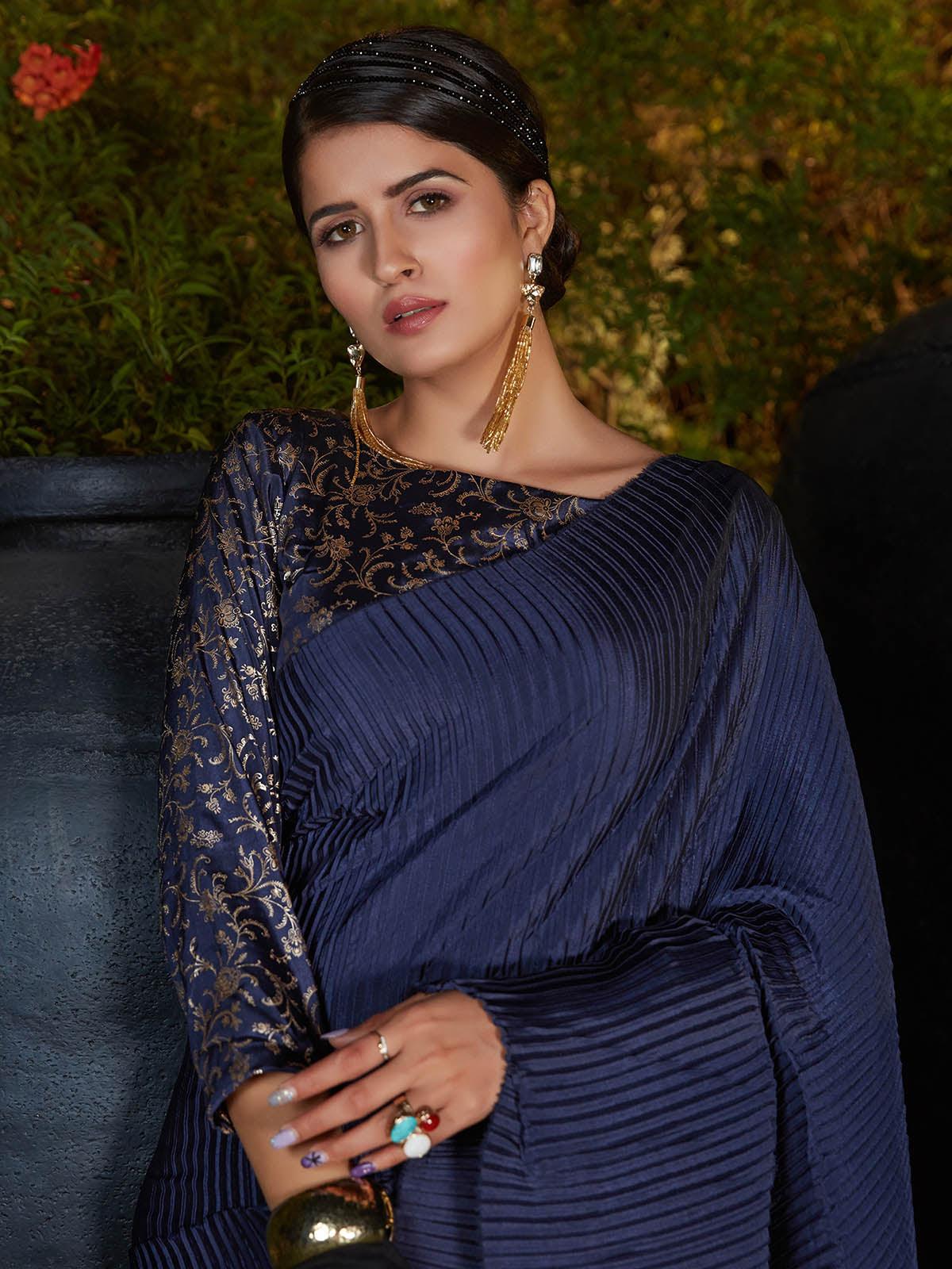 Odette Women Trendy Navy Blue Pleated Silk Saree With Unstitched Blouse - Image 4