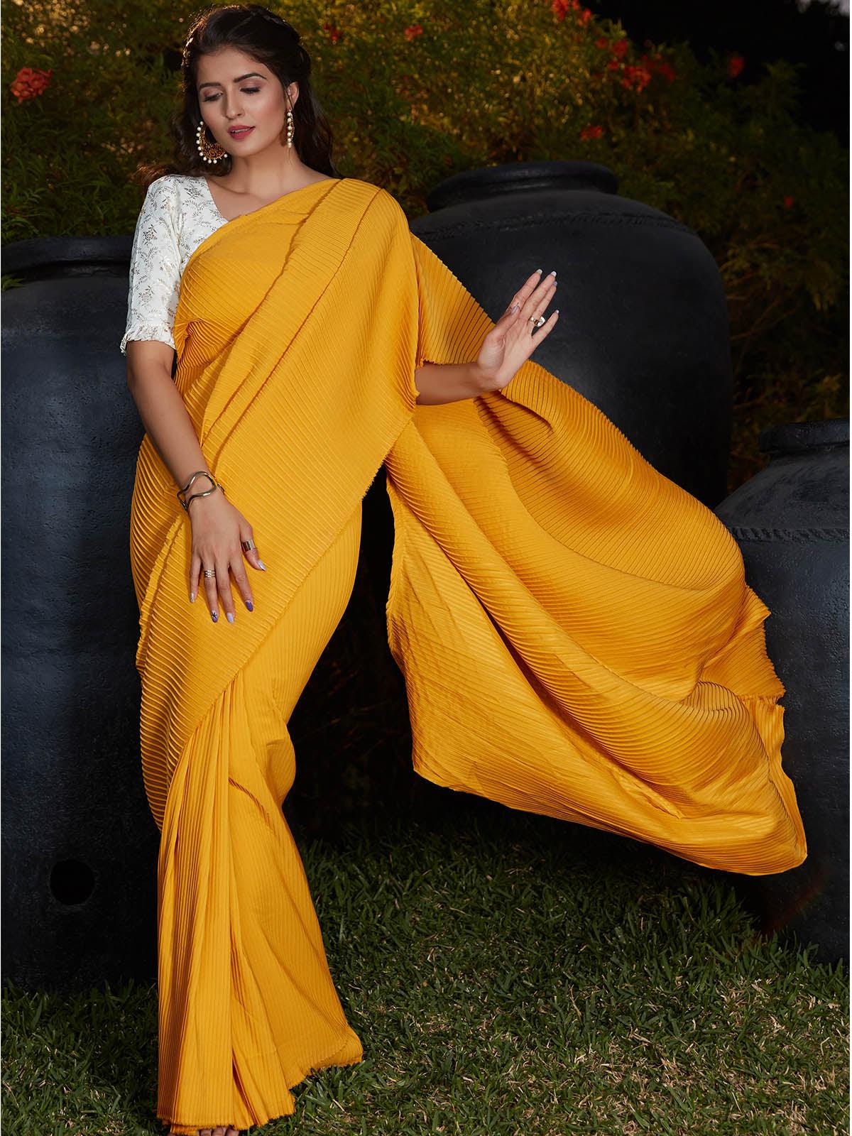 Odette Women Trendy Yellow Pleated Silk Saree With Unstitched Blouse - Image 3