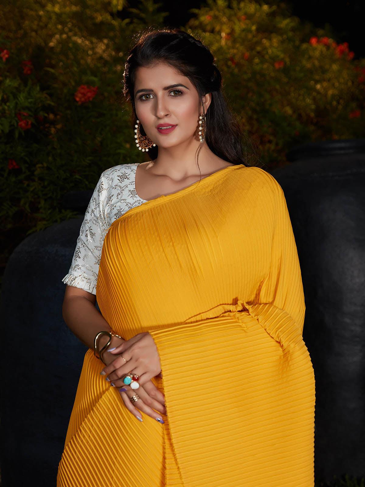 Odette Women Trendy Yellow Pleated Silk Saree With Unstitched Blouse - Image 4