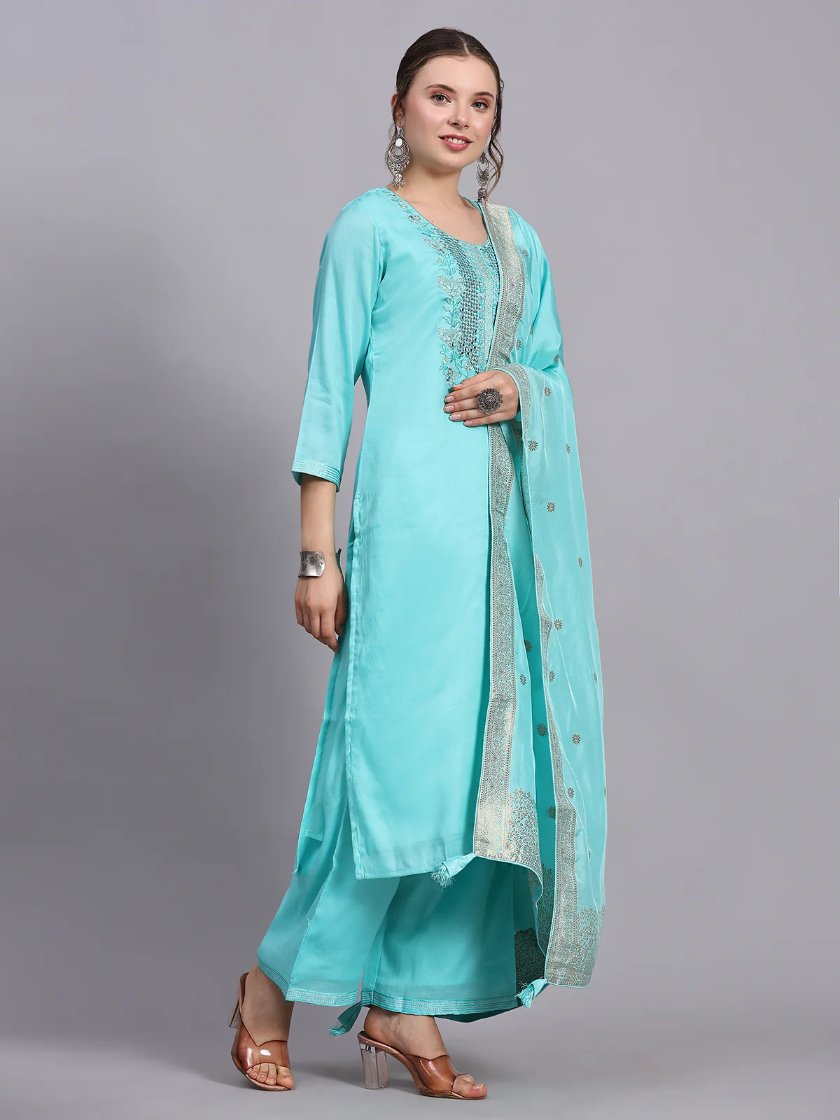 Odette Women Turquoise Viscose Embroidered Stitched Kurta Set - Image 3