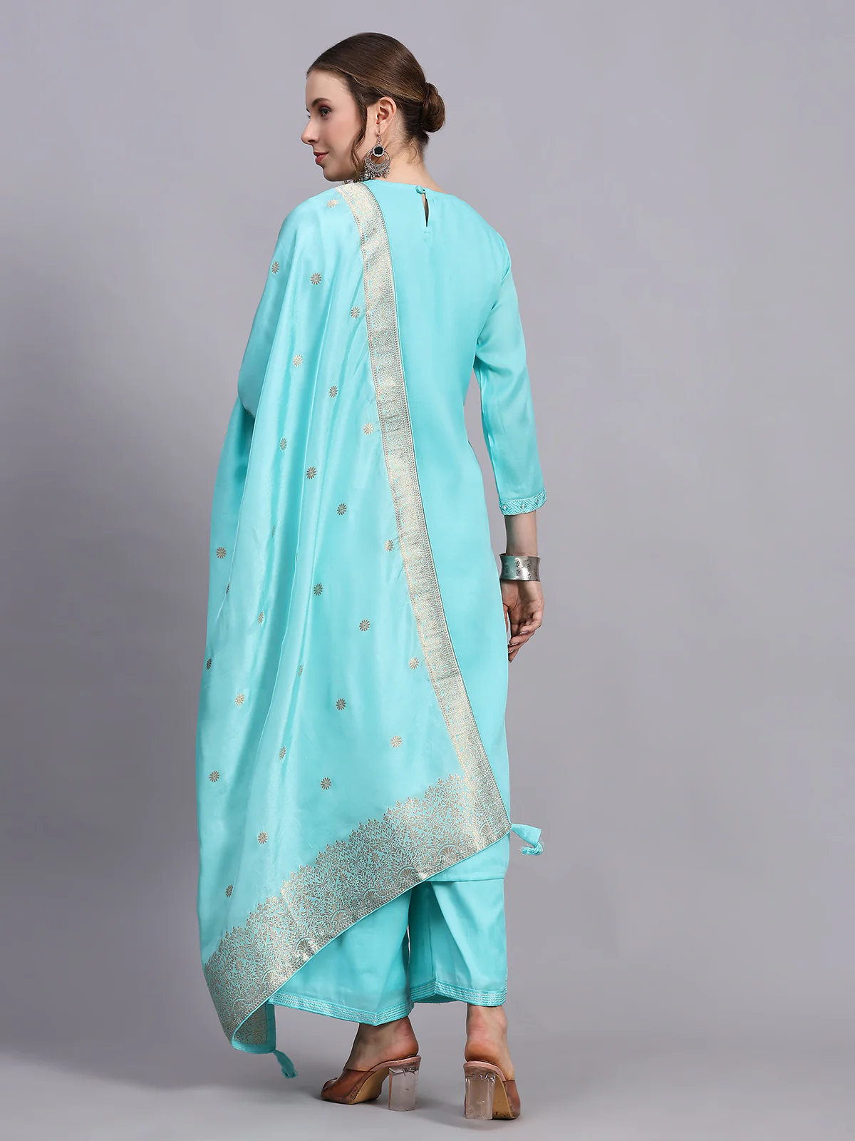 Odette Women Turquoise Viscose Embroidered Stitched Kurta Set - Image 4