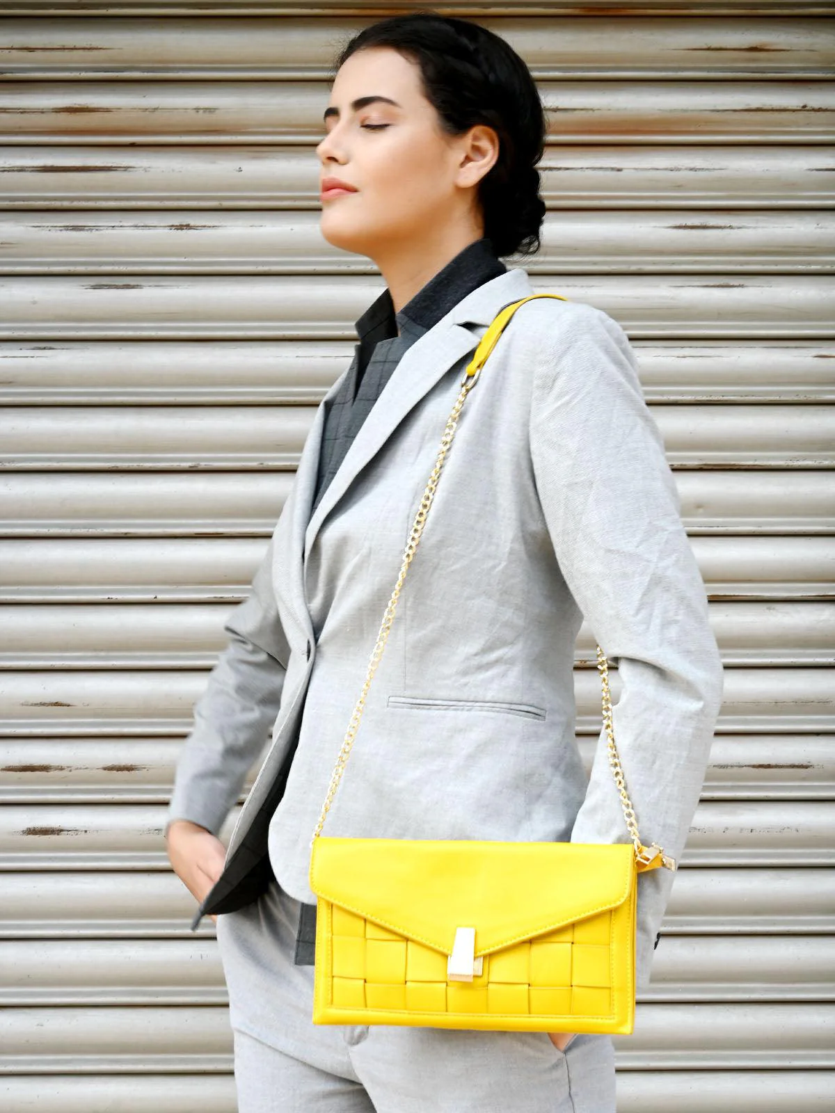 Odette Women Unique Yellow Textured Envelope Handbag - Image 2