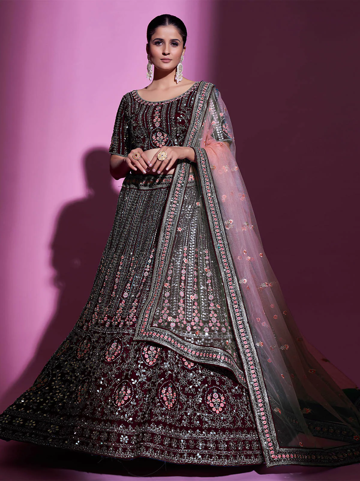 Odette Women Violet Crepe Embroidered Semi Stitched Lehenga With Unstitched Blouse - Image 2