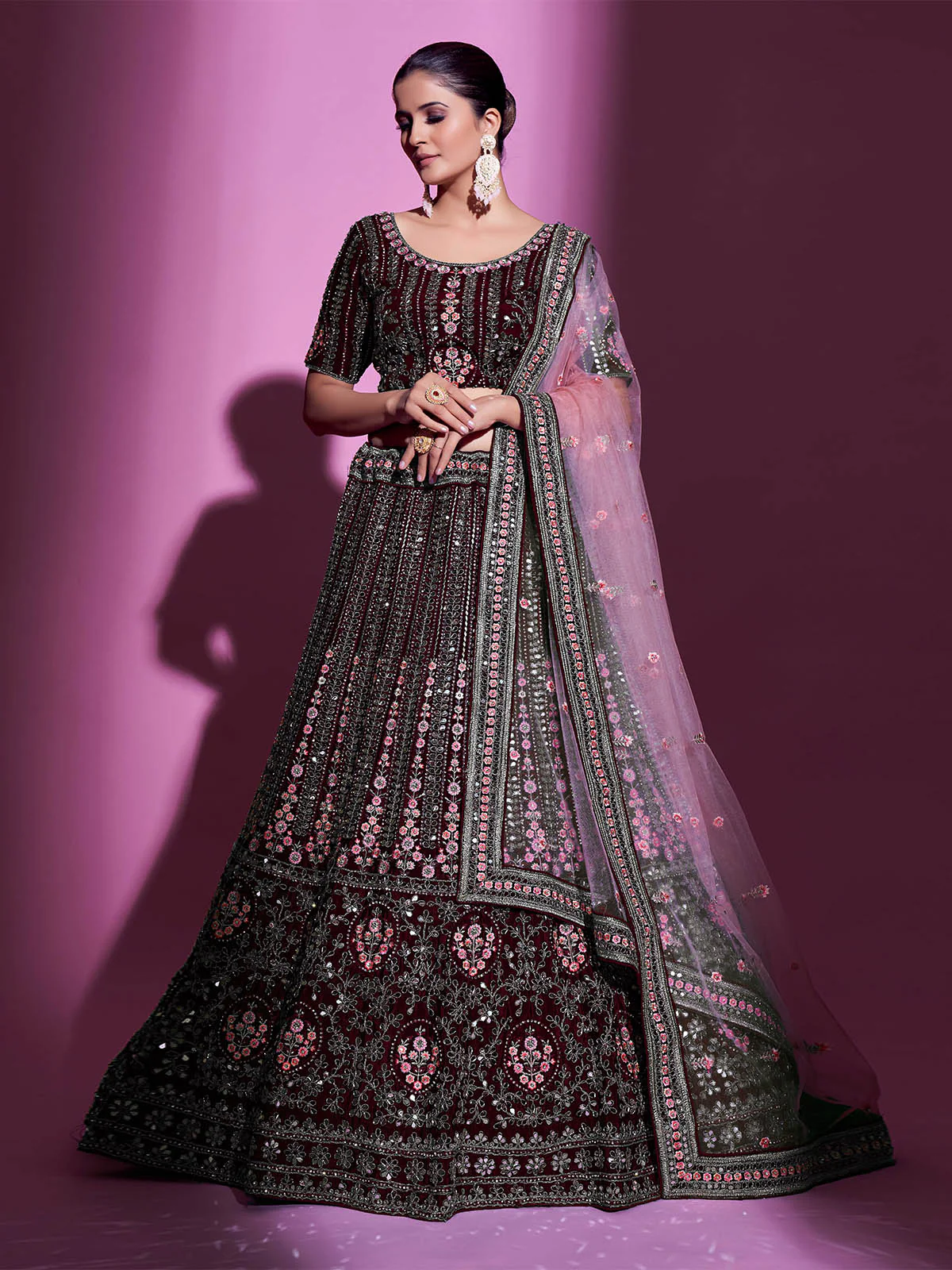 Odette Women Violet Crepe Embroidered Semi Stitched Lehenga With Unstitched Blouse - Image 3