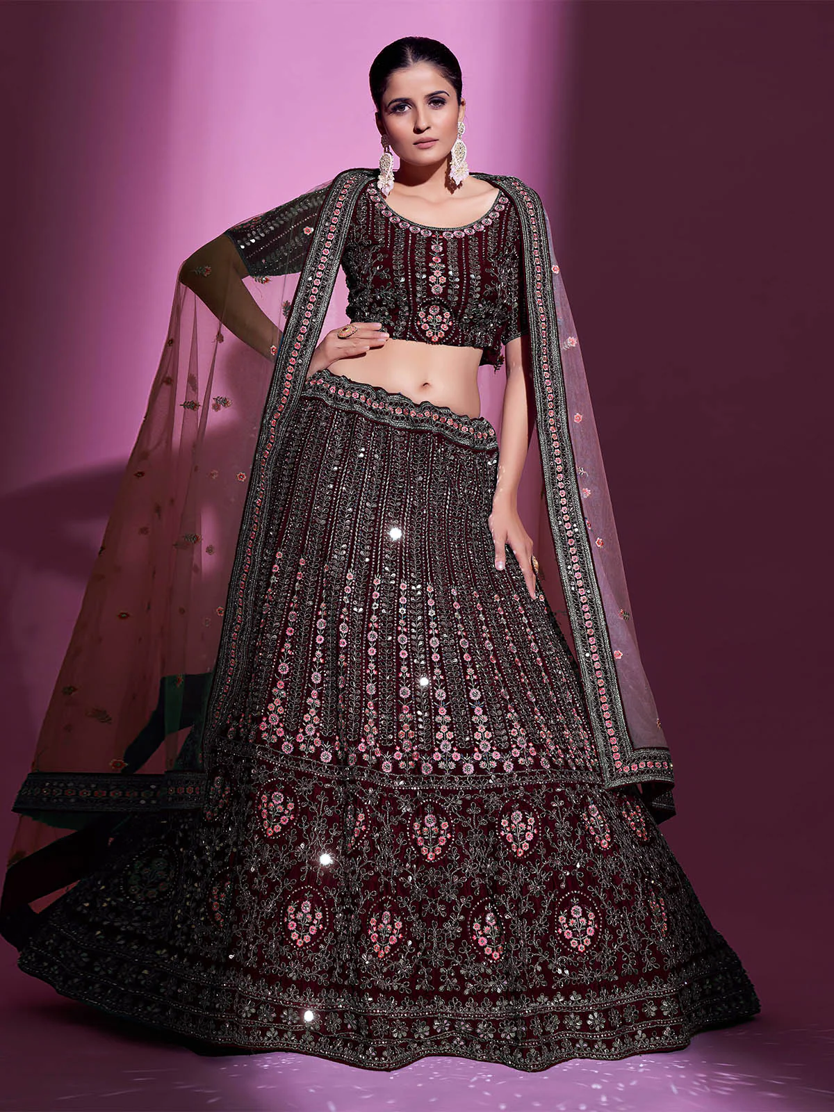 Odette Women Violet Crepe Embroidered Semi Stitched Lehenga With Unstitched Blouse - Image 4