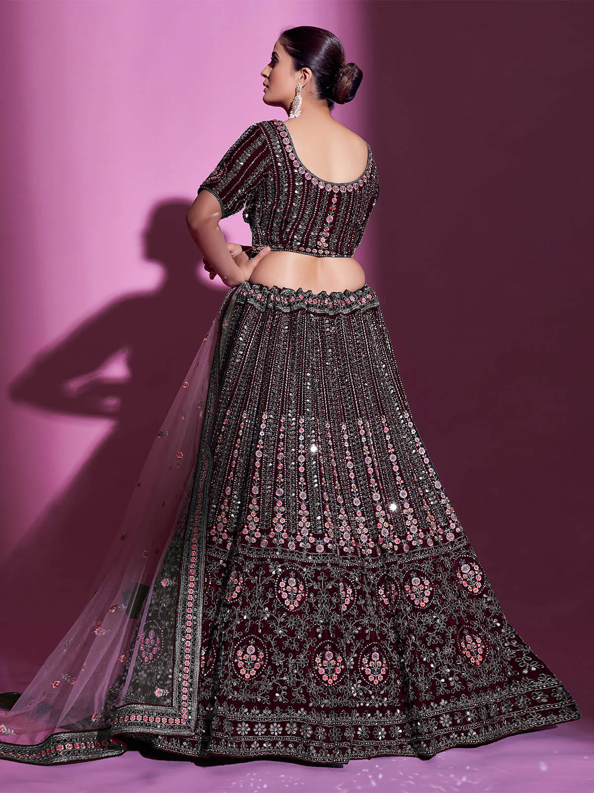 Odette Women Violet Crepe Embroidered Semi Stitched Lehenga With Unstitched Blouse - Image 7