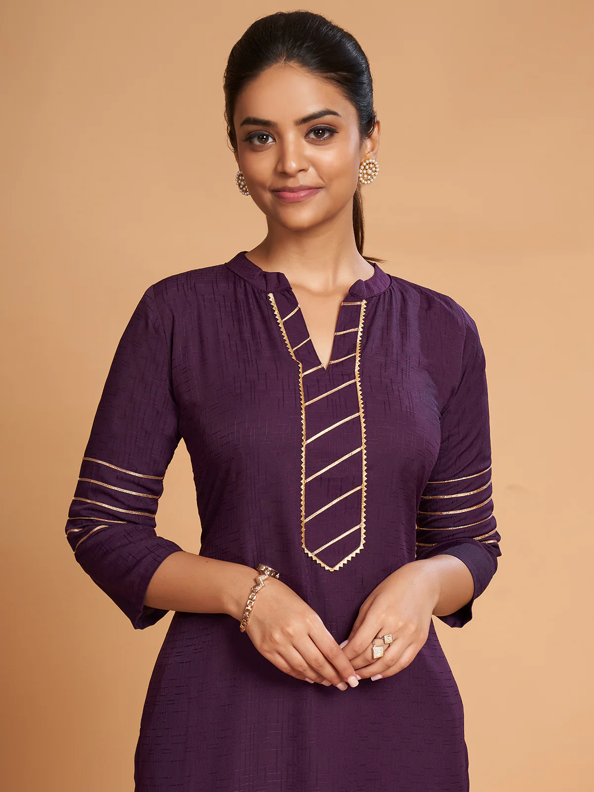 Odette Women Violet Silk Blend Straight Cut Stitched Kurta - Image 3