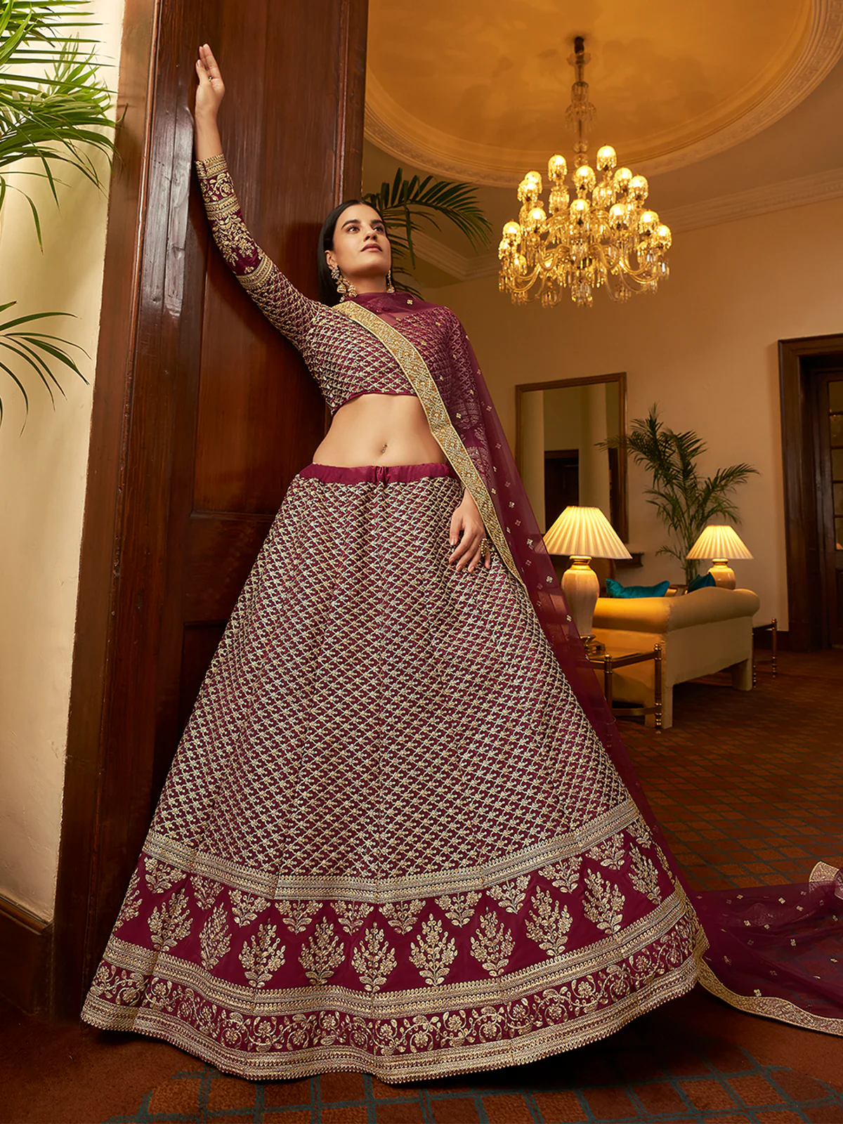Odette Women Violet Embroidered Semi Stitched Lehenga With Unstitched Blouse - Image 2