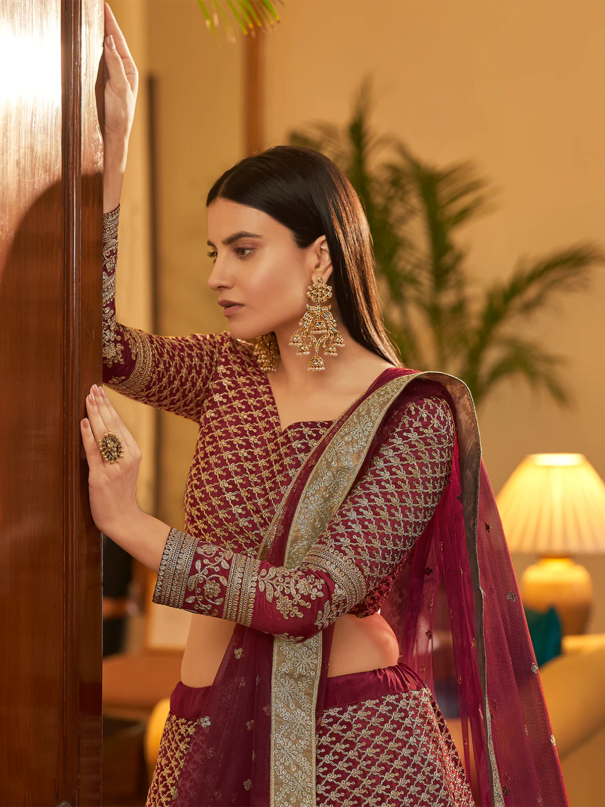 Odette Women Violet Embroidered Semi Stitched Lehenga With Unstitched Blouse - Image 3