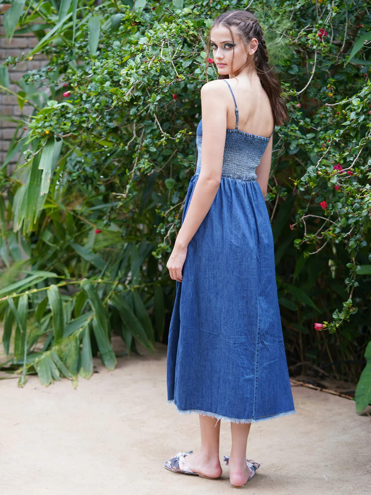 Odette Women Washed Denim Blue Solid Long Stitched Dress - Image 4