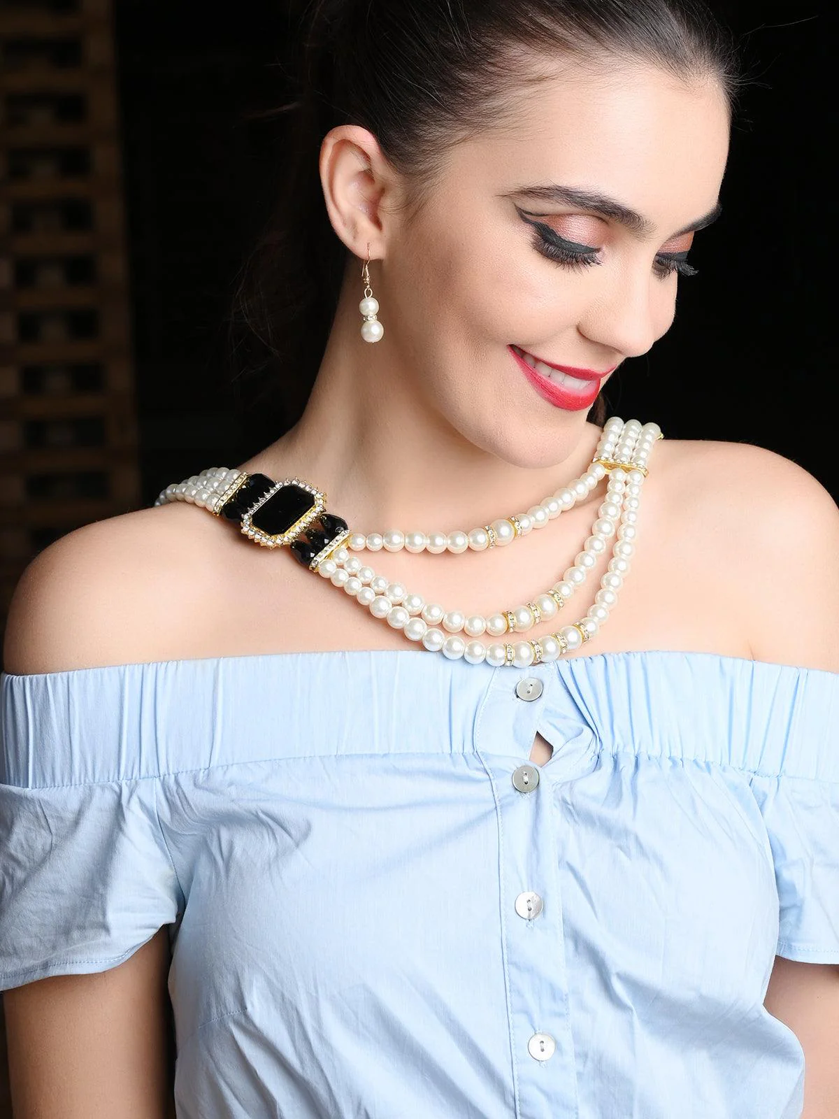 Odette Women White And Black Pearl Beaded 3 Layered Necklace - Image 2