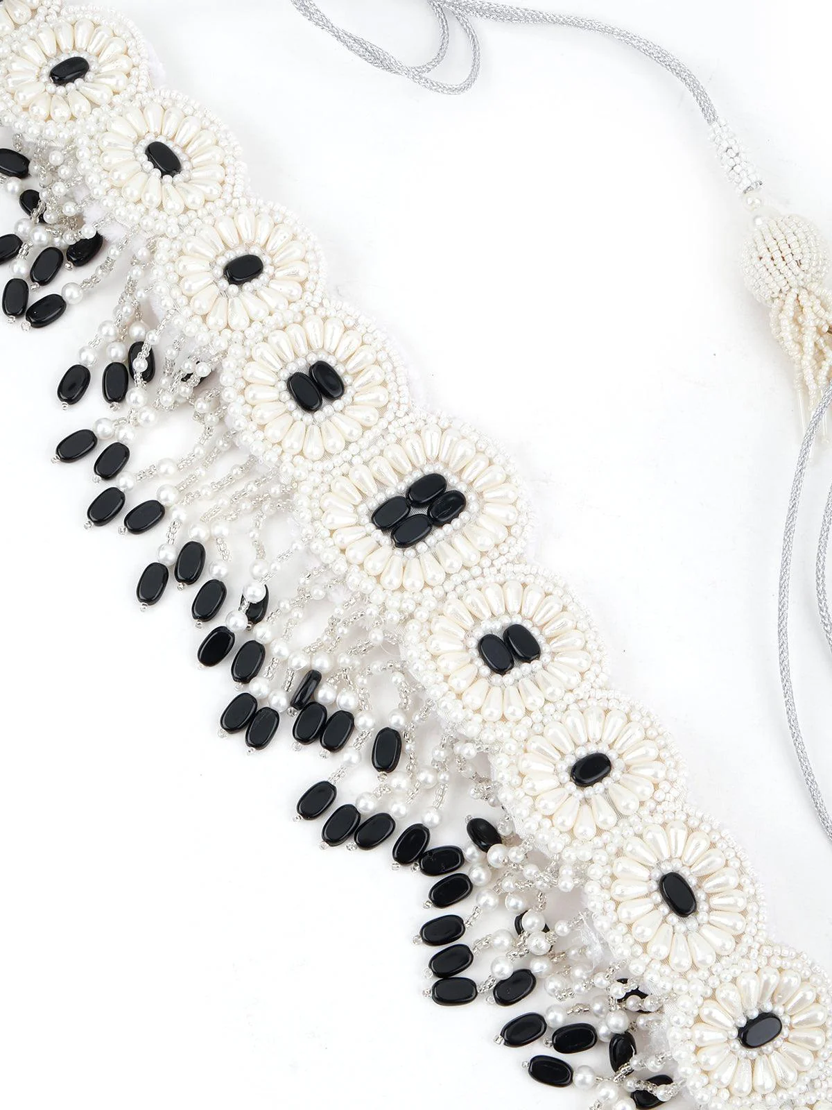 Odette Women White And Black Pearl Beads Velvet Base Belt - Image 4