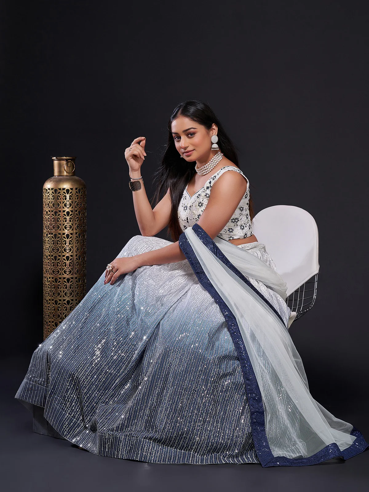 Odette Women White And Blue Georgette Sequins Semi Stitched Lehenga Choli - Image 2
