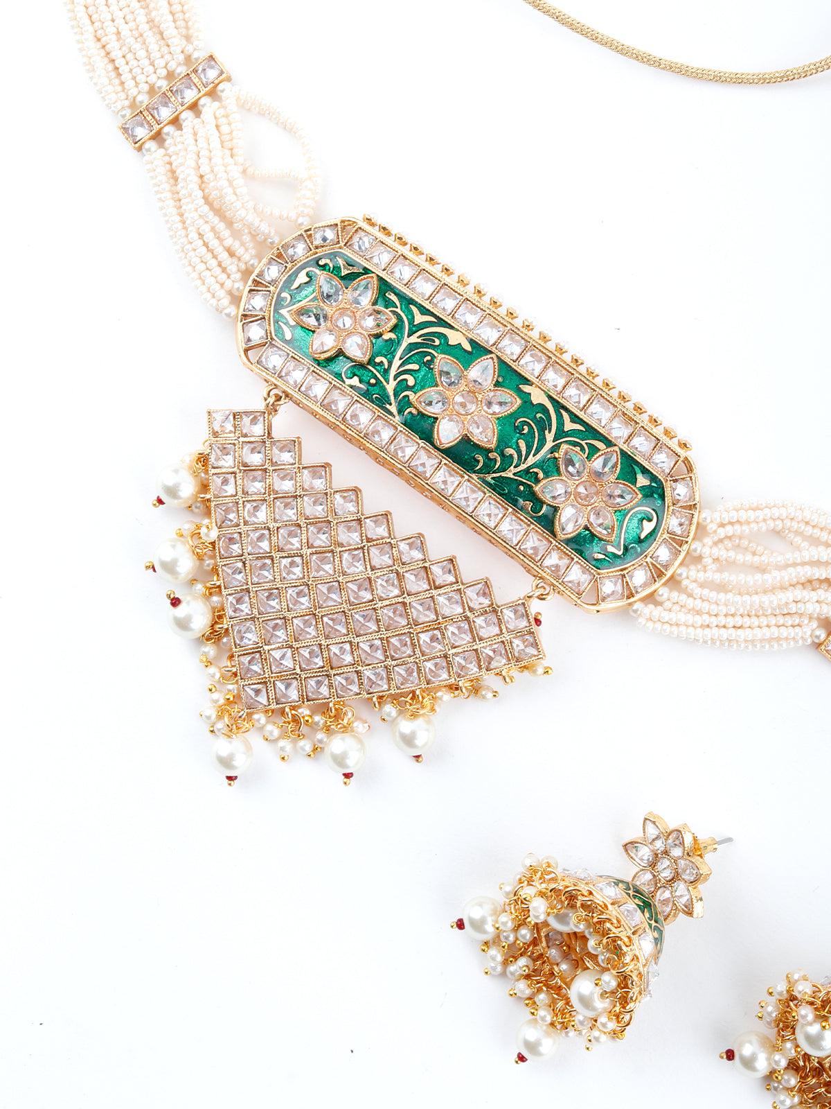 Odette Women White And Dark Green Kundan Style Choker Necklace Set - Image 4