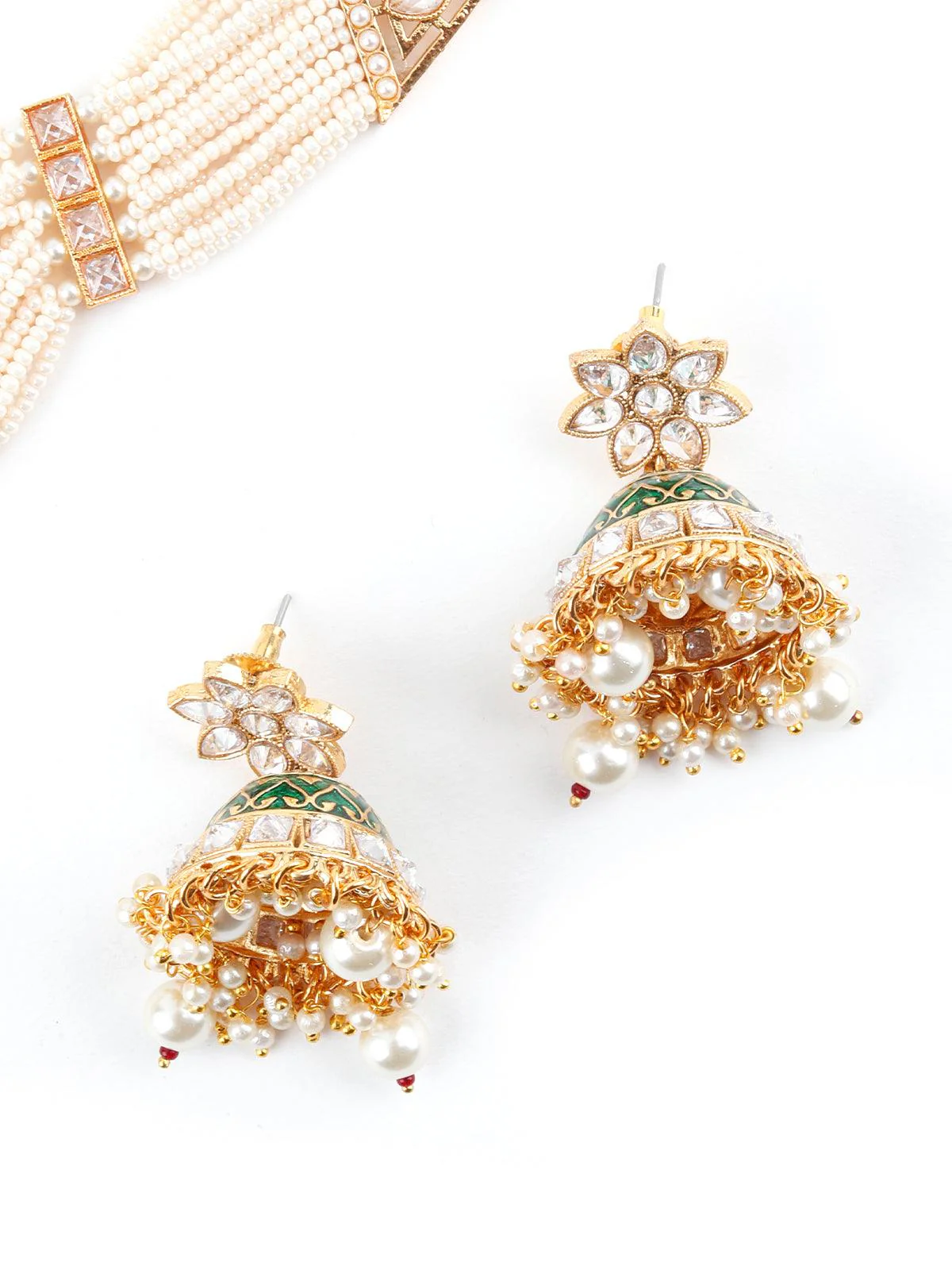 Odette Women White And Dark Green Kundan Style Choker Necklace Set - Image 6