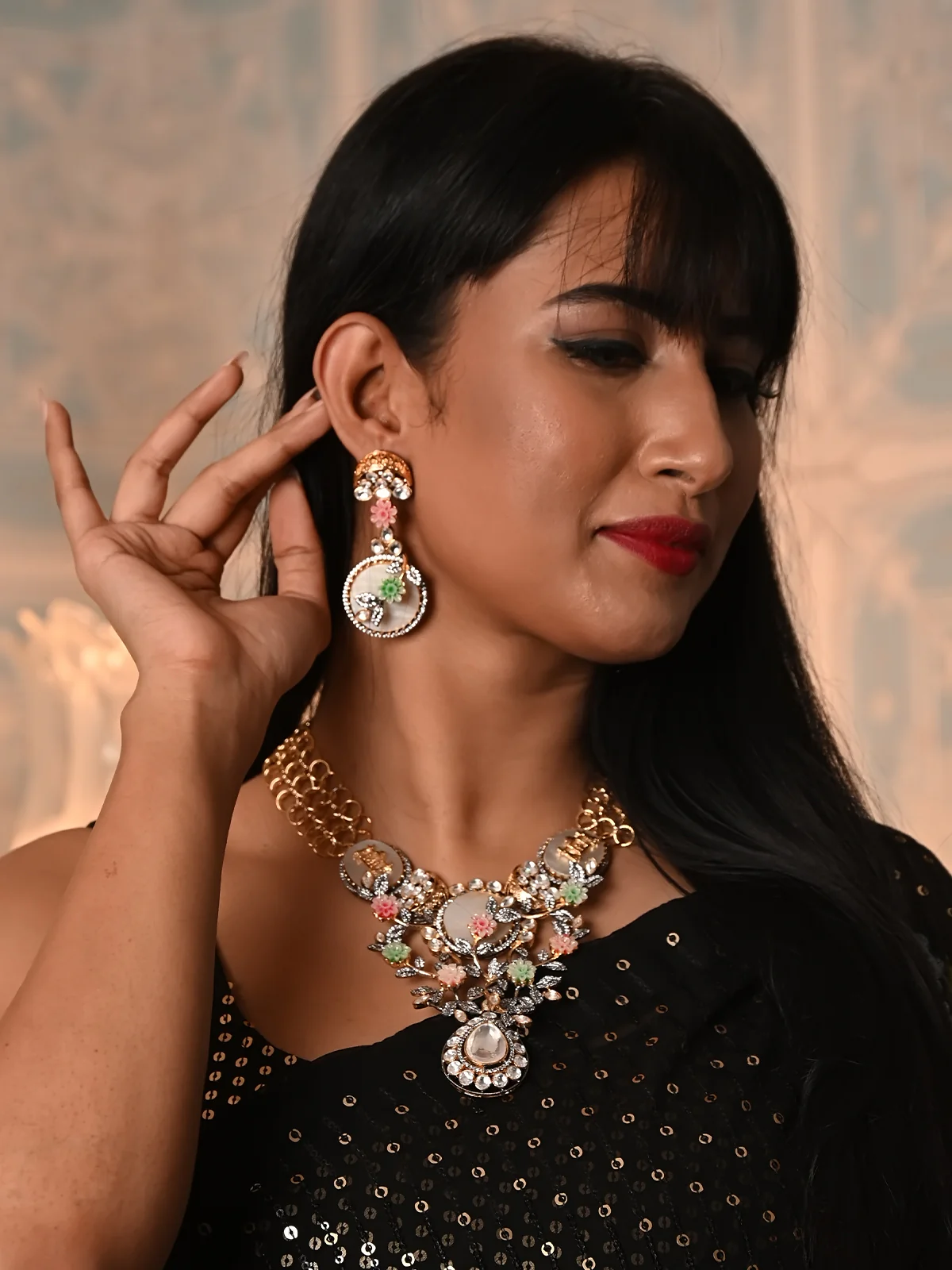 Odette White And Gold Stone Studded V-Shape Necklace Set For Women - Image 2