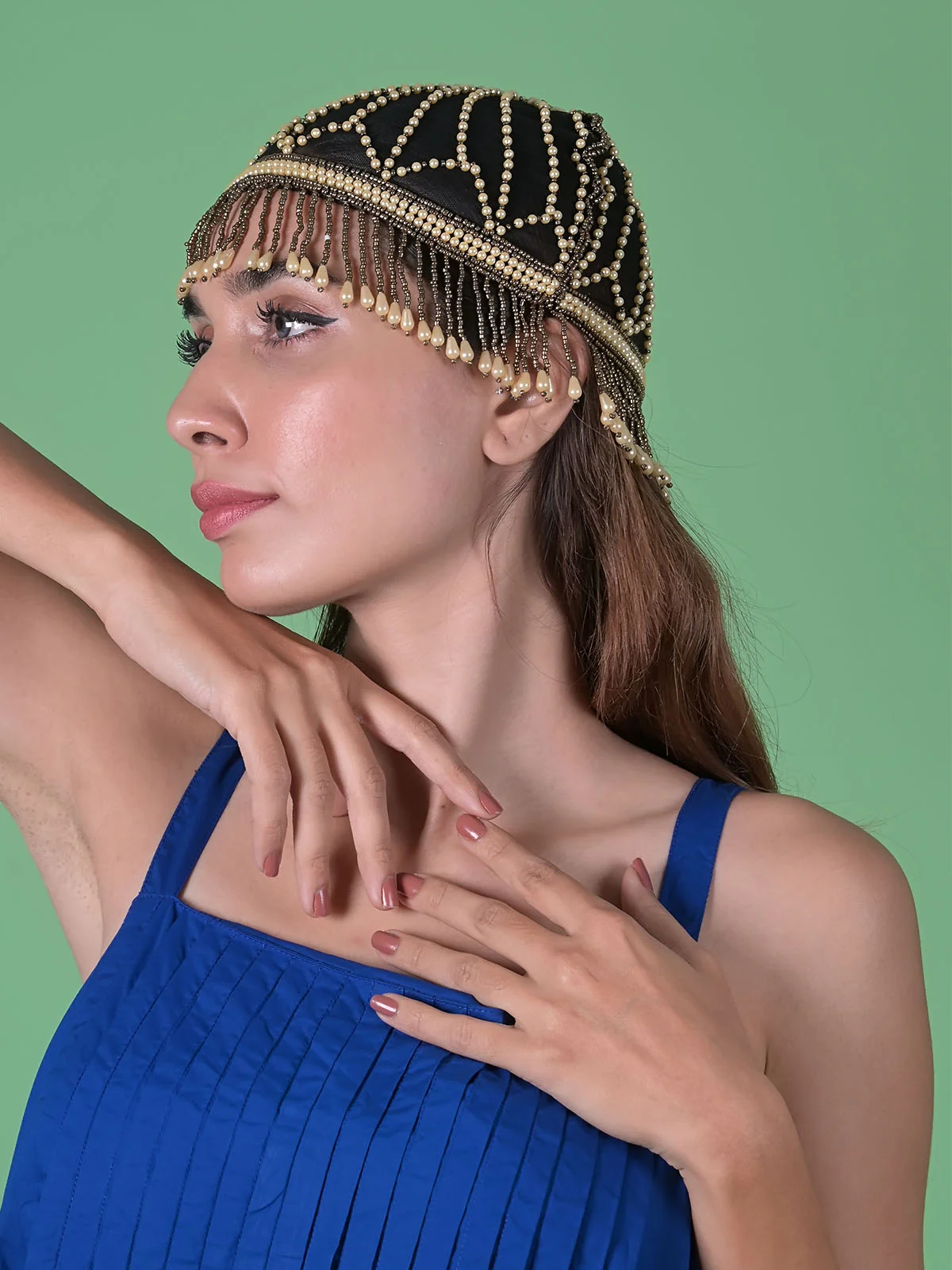 Odette White And Gold Tasseled Tribal Hair Cap For Women - Image 2