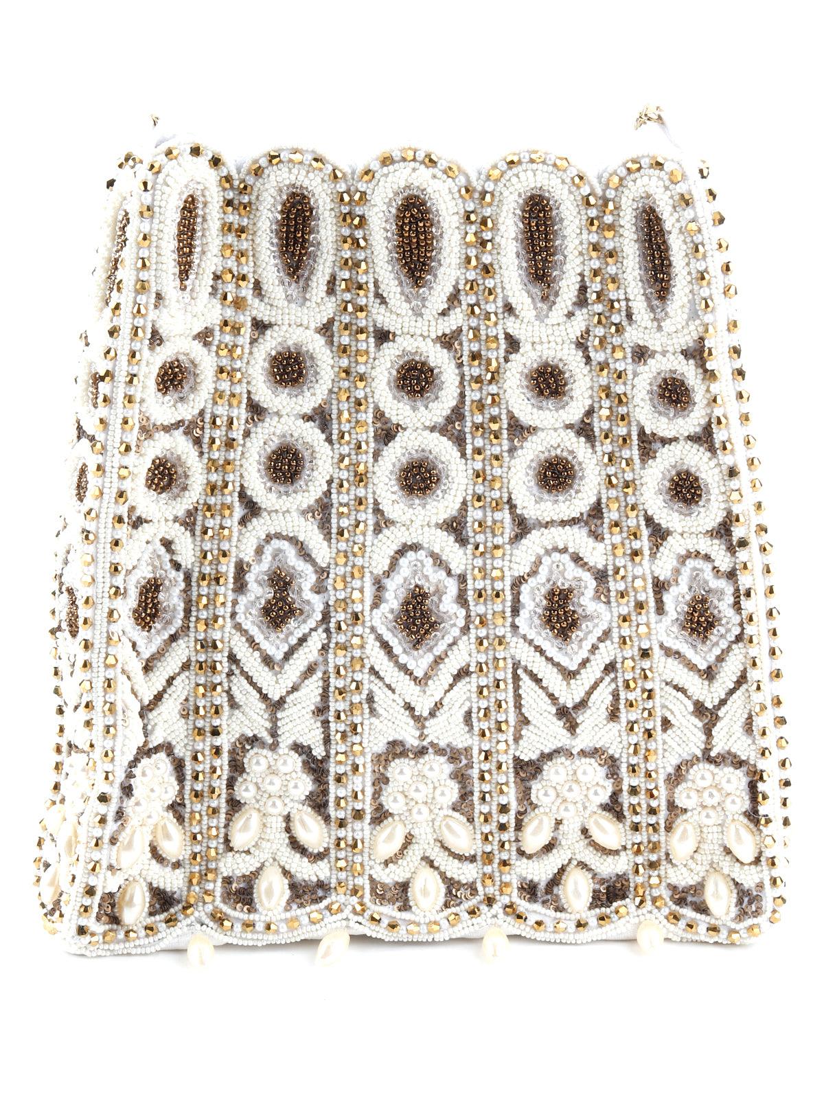 Odette Women White And Golden Beaded Crystals Sling Bag - Image 3