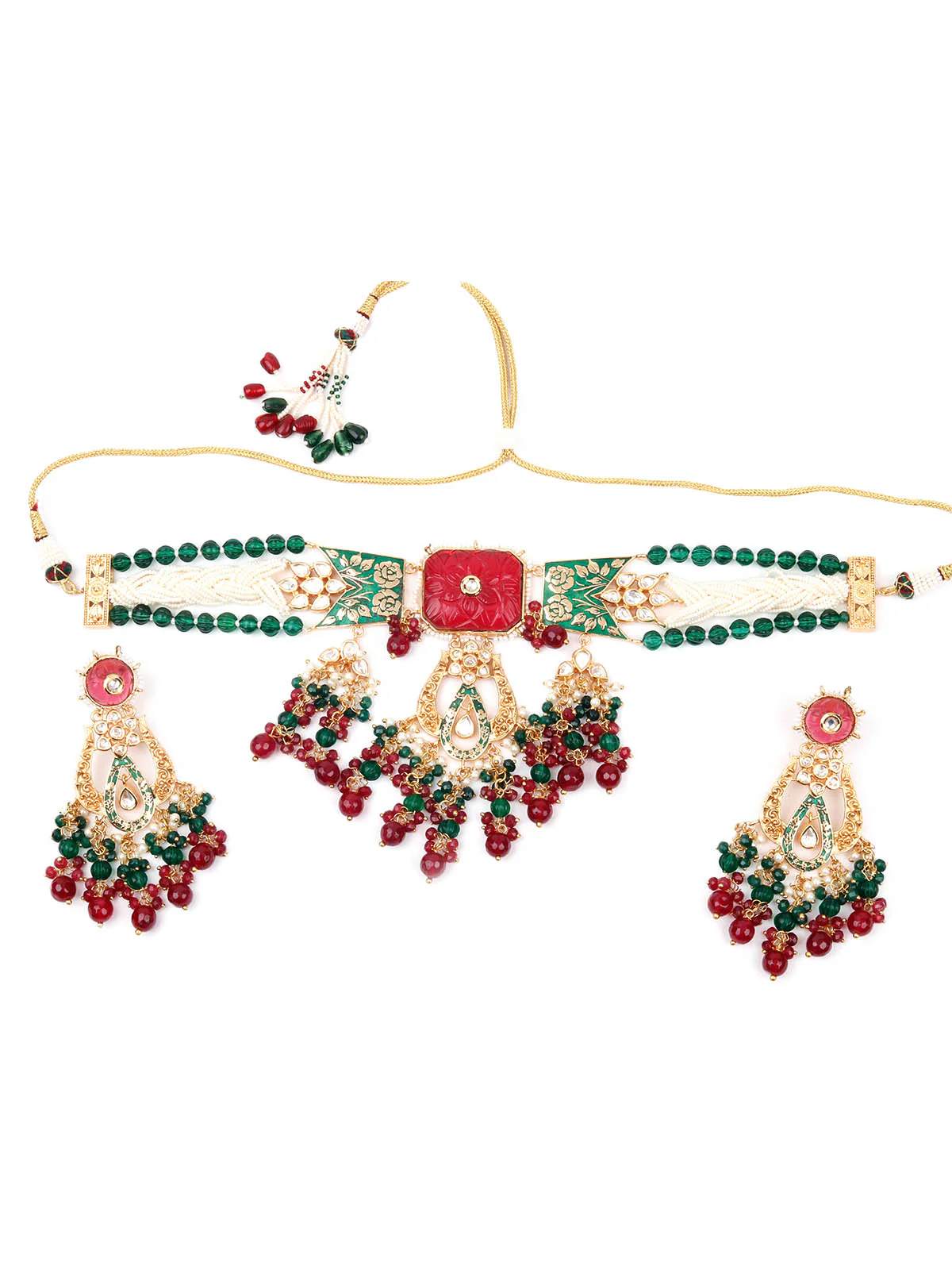 Odette Women White And Green Double Sided Choker Necklace Set - Image 3
