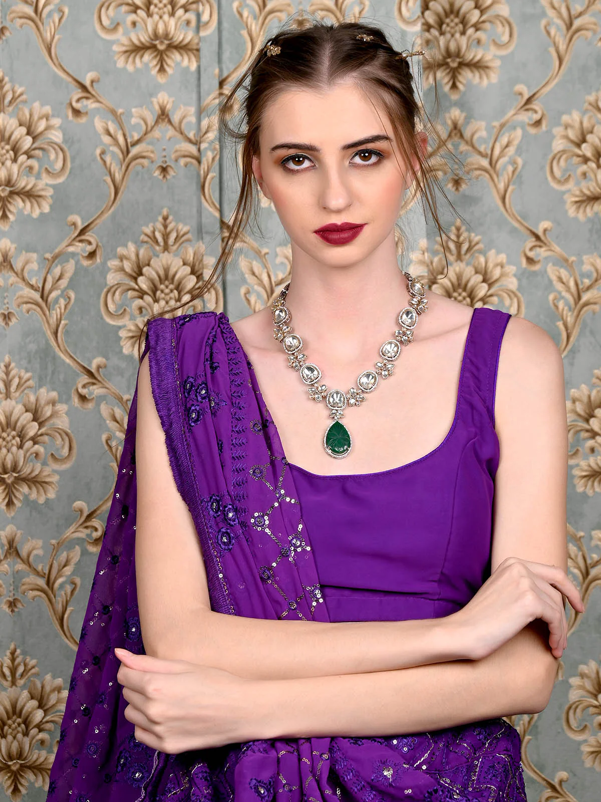 Odette Women White And Green Long Necklace Set - Image 2